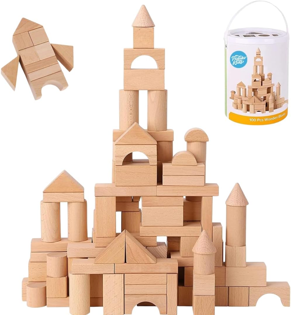 Pidoko Kids Wooden Blocks - 100 Pcs with Storage