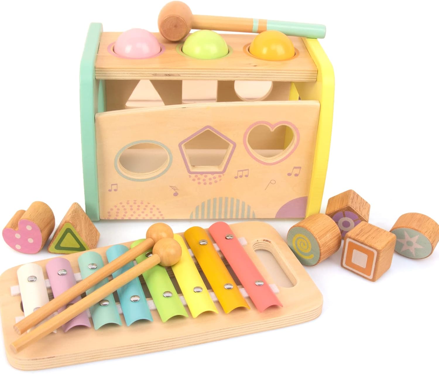 WOODENFUN Hammering Toy Educational Xylophone Shape Sorter for Toddlers