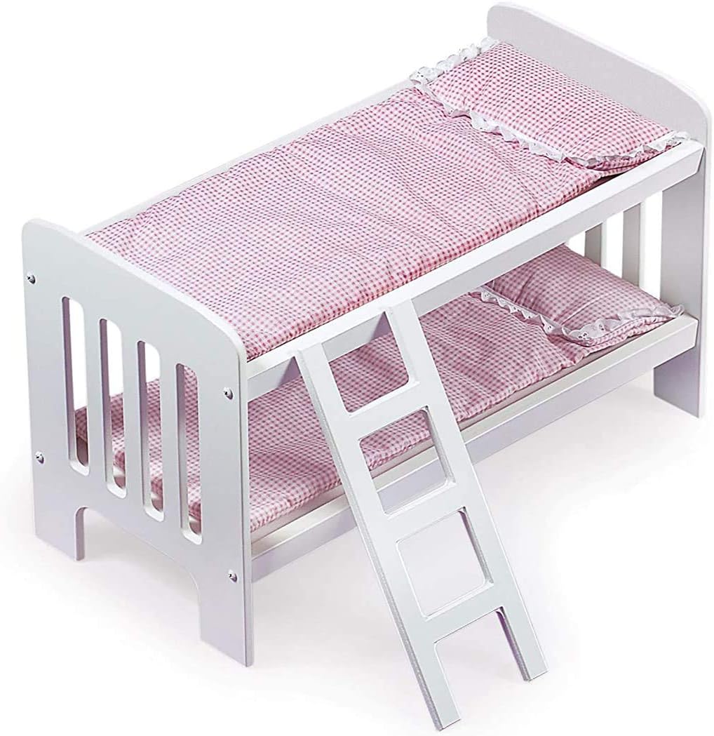 Badger Basket Doll Bunk Bed with Ladder and Bedding - White and Pink Gingham