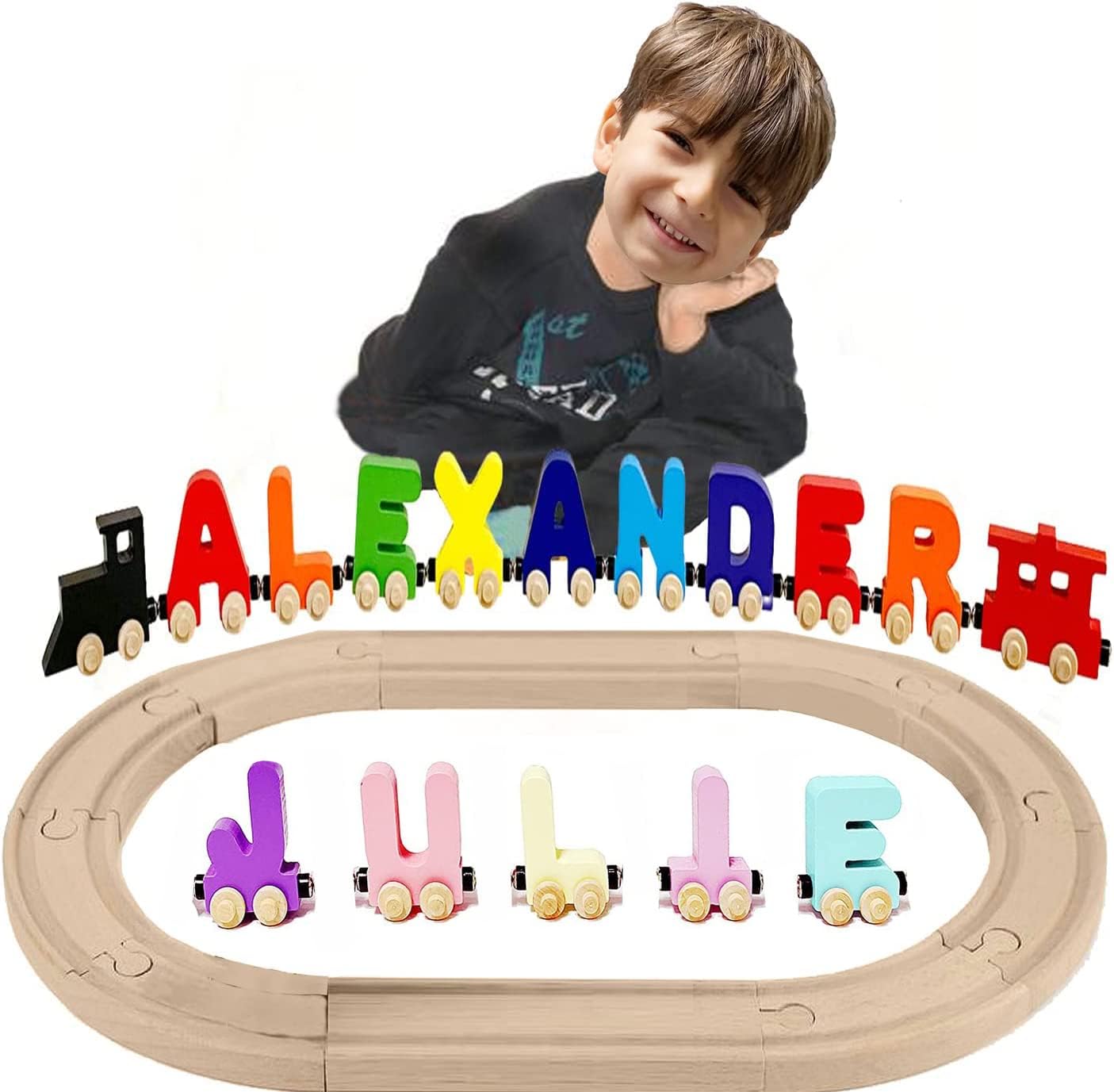 Large Handmade Wooden Name Trains Alphabet Puzzle for Kids