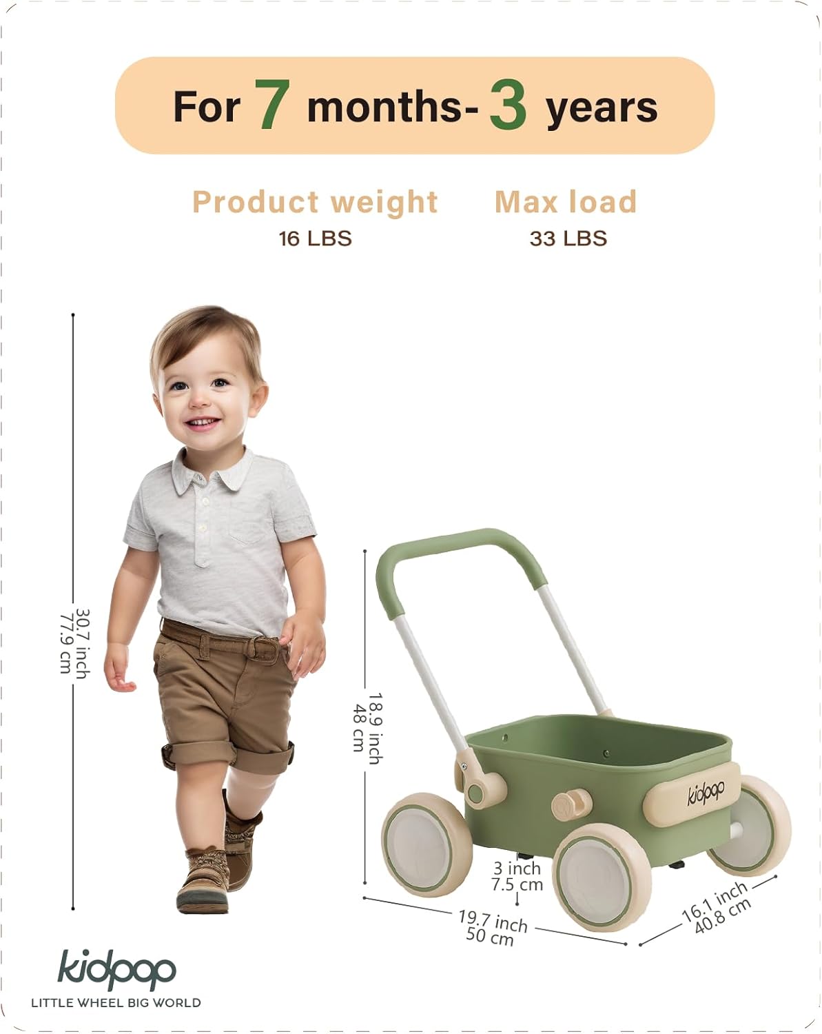 Kidpop PULA Baby Push Walker Green 6-12 Months 1