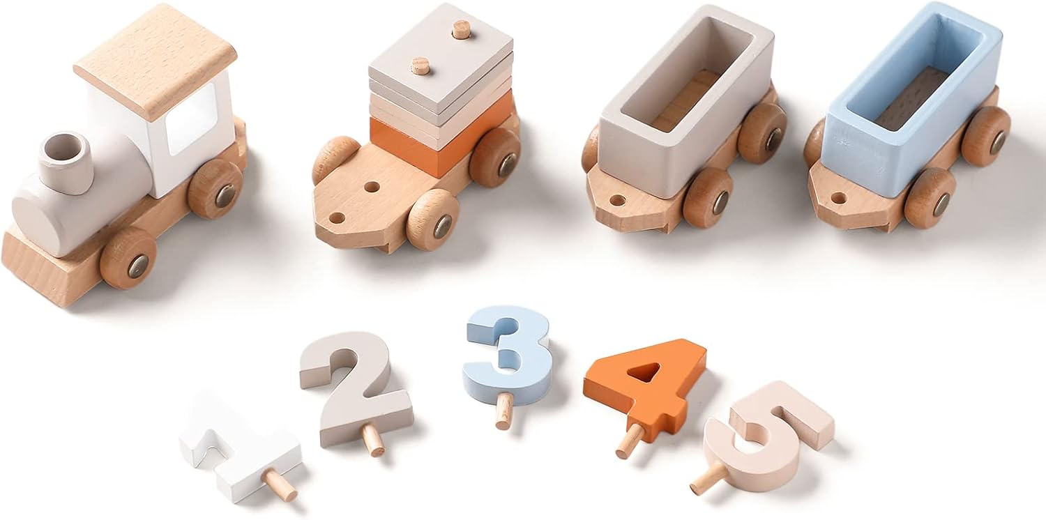 ibwaae Wooden Train Set with Numbers and Blocks