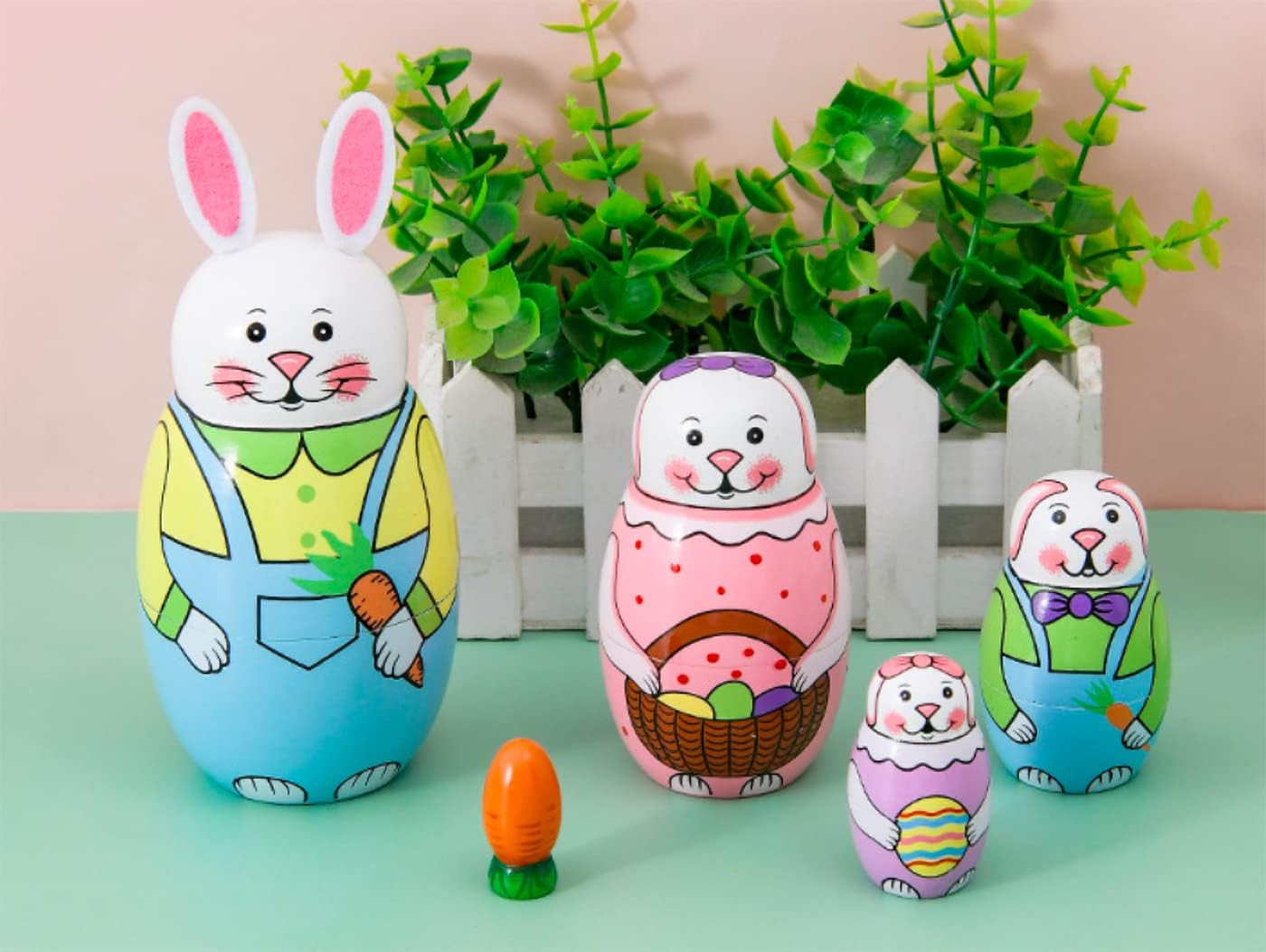 Cute Cartoon Rabbit Nesting Dolls Wooden Matryoshka Set 5 Pieces