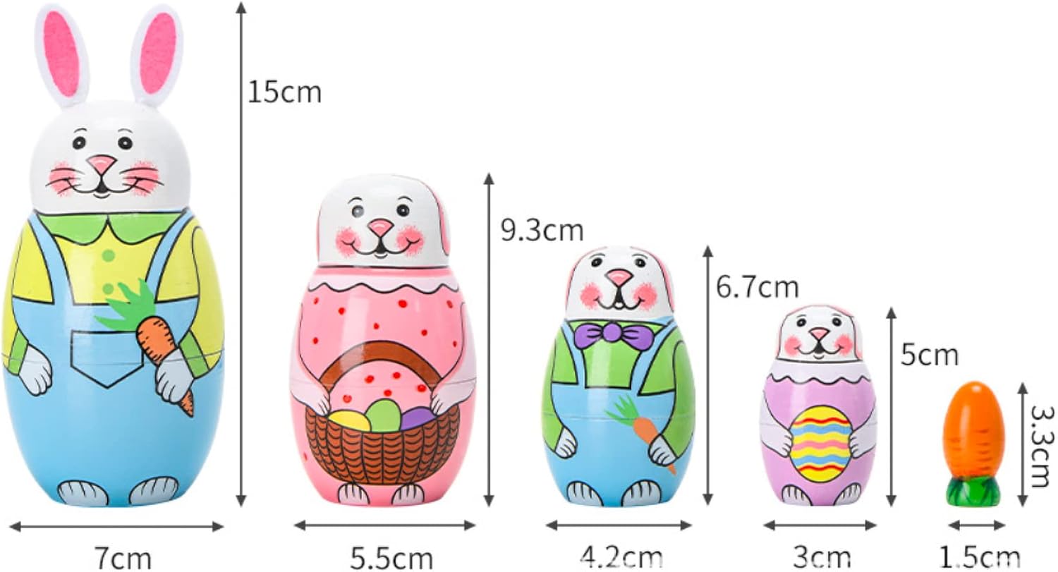 Cute Cartoon Rabbit Nesting Dolls Wooden Matryoshka Set 5 Pieces