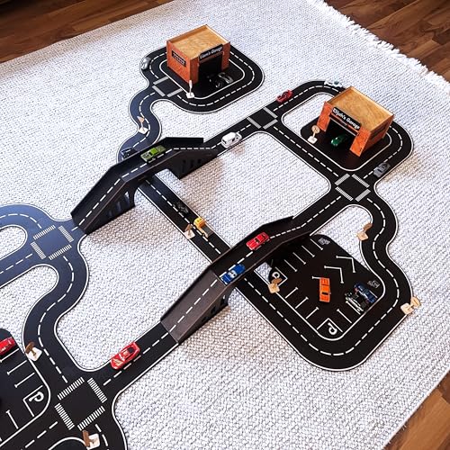 Wooden Car Track Playset with Garages and Bridge