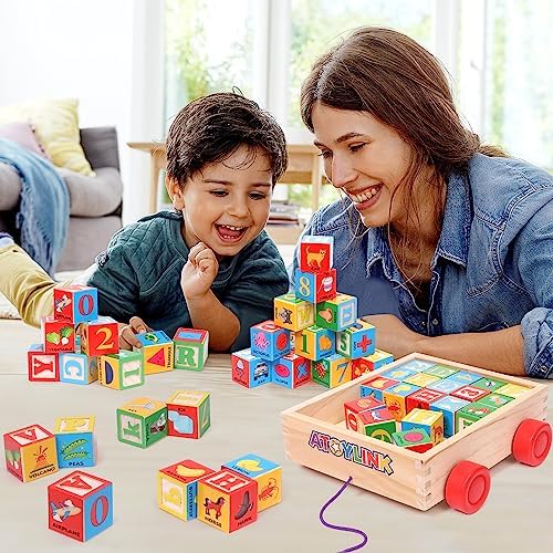 Atoylink Alphabet Number Wooden Stacking Blocks for Toddlers 1-3