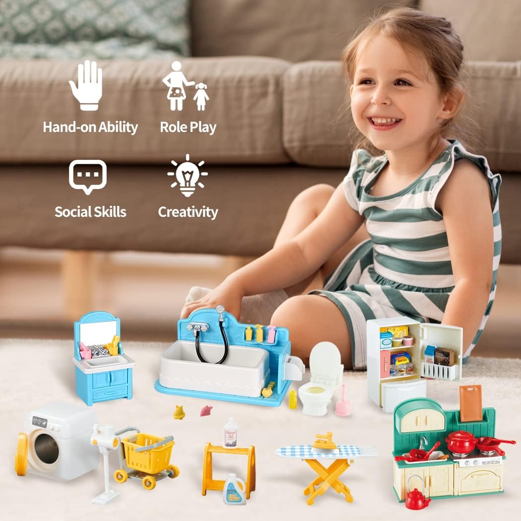 TAKIHON Dollhouse Furniture Kitchen Bathroom Set for Kids