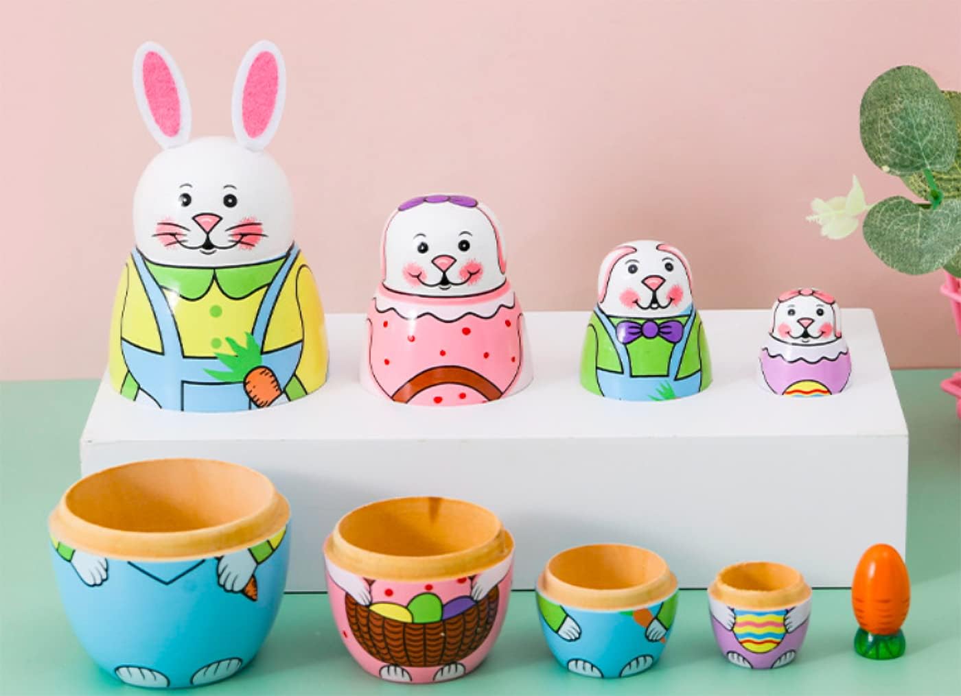 Cute Cartoon Rabbit Nesting Dolls Wooden Matryoshka Set 5 Pieces