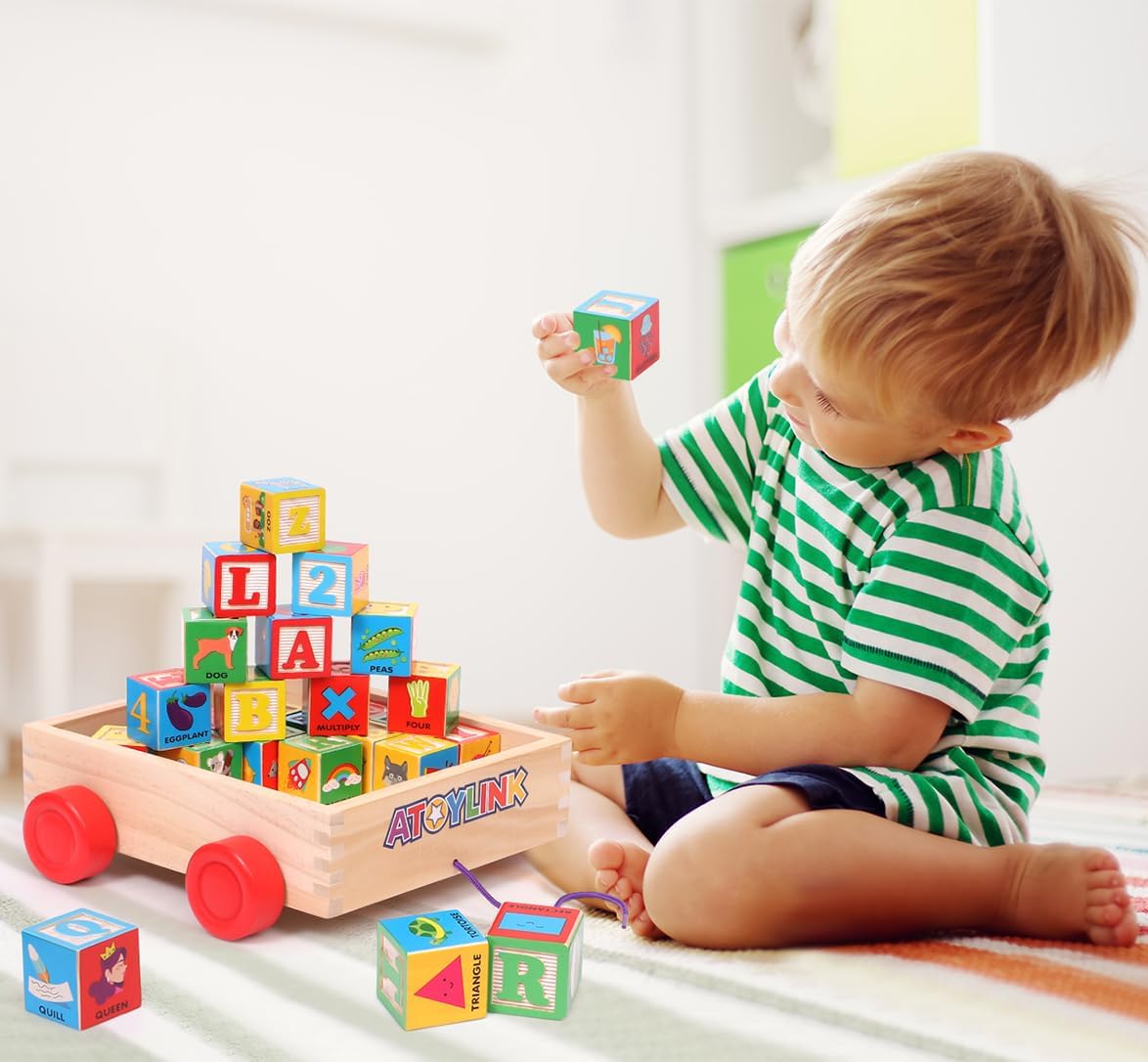 Atoylink Alphabet Number Wooden Stacking Blocks for Toddlers 1-3