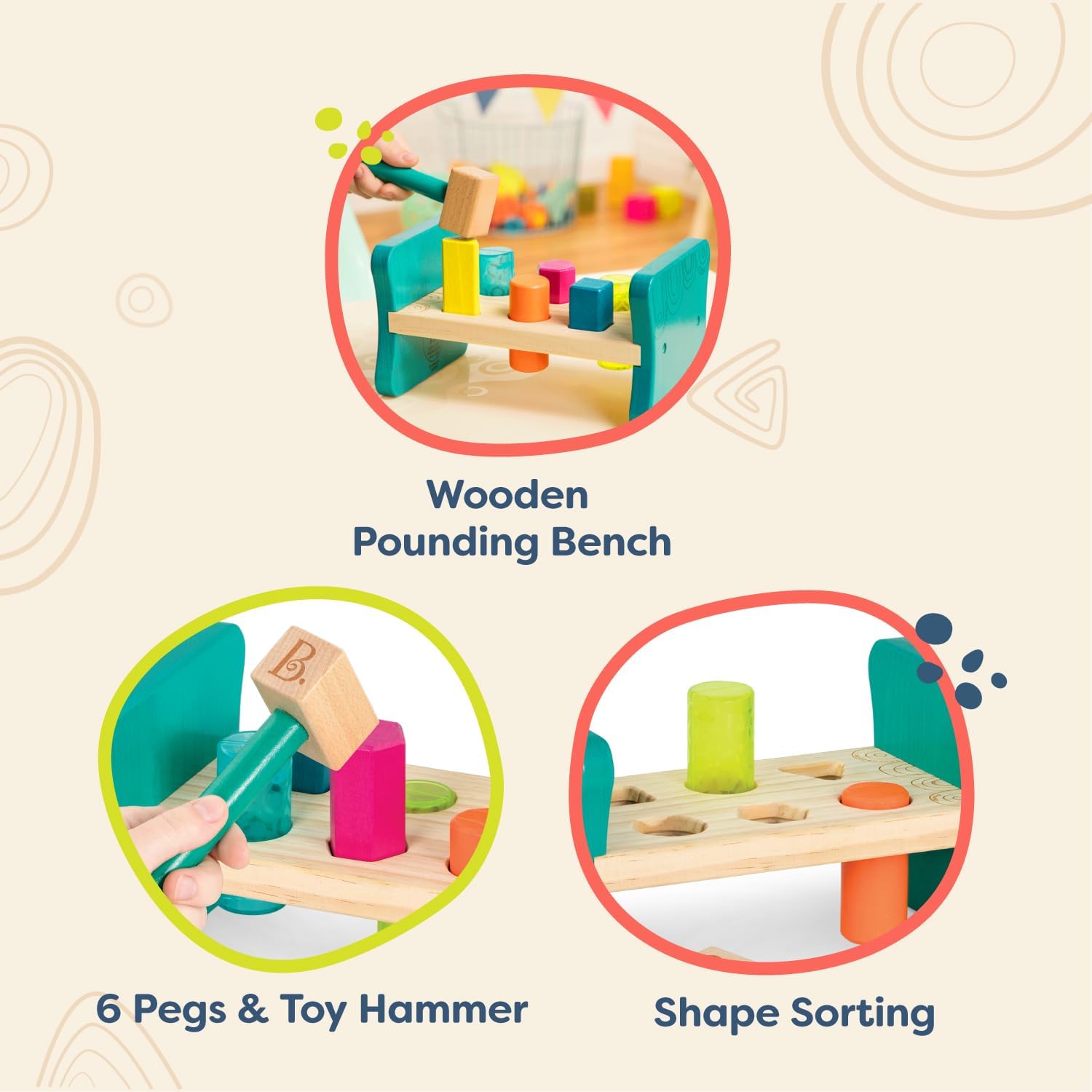 B Toys Wooden Shape Sorter with Toy Hammer