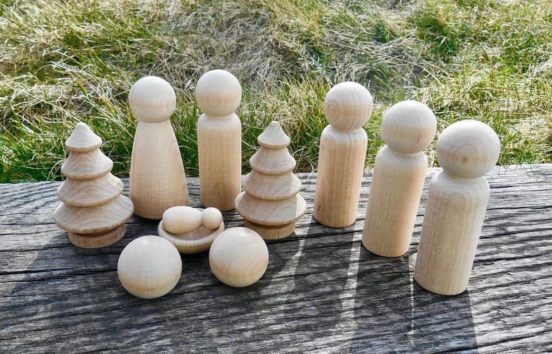 Handmade Nativity Peg Doll Set with Trees and Wisemen