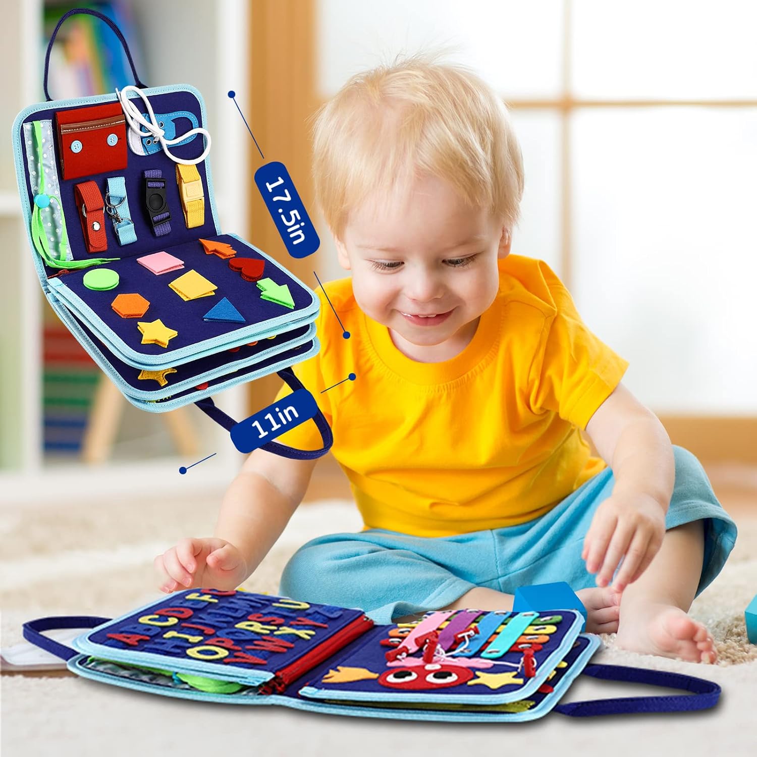 Esjay Toddler Busy Board with 8 Pages Blue Dinosaur Design