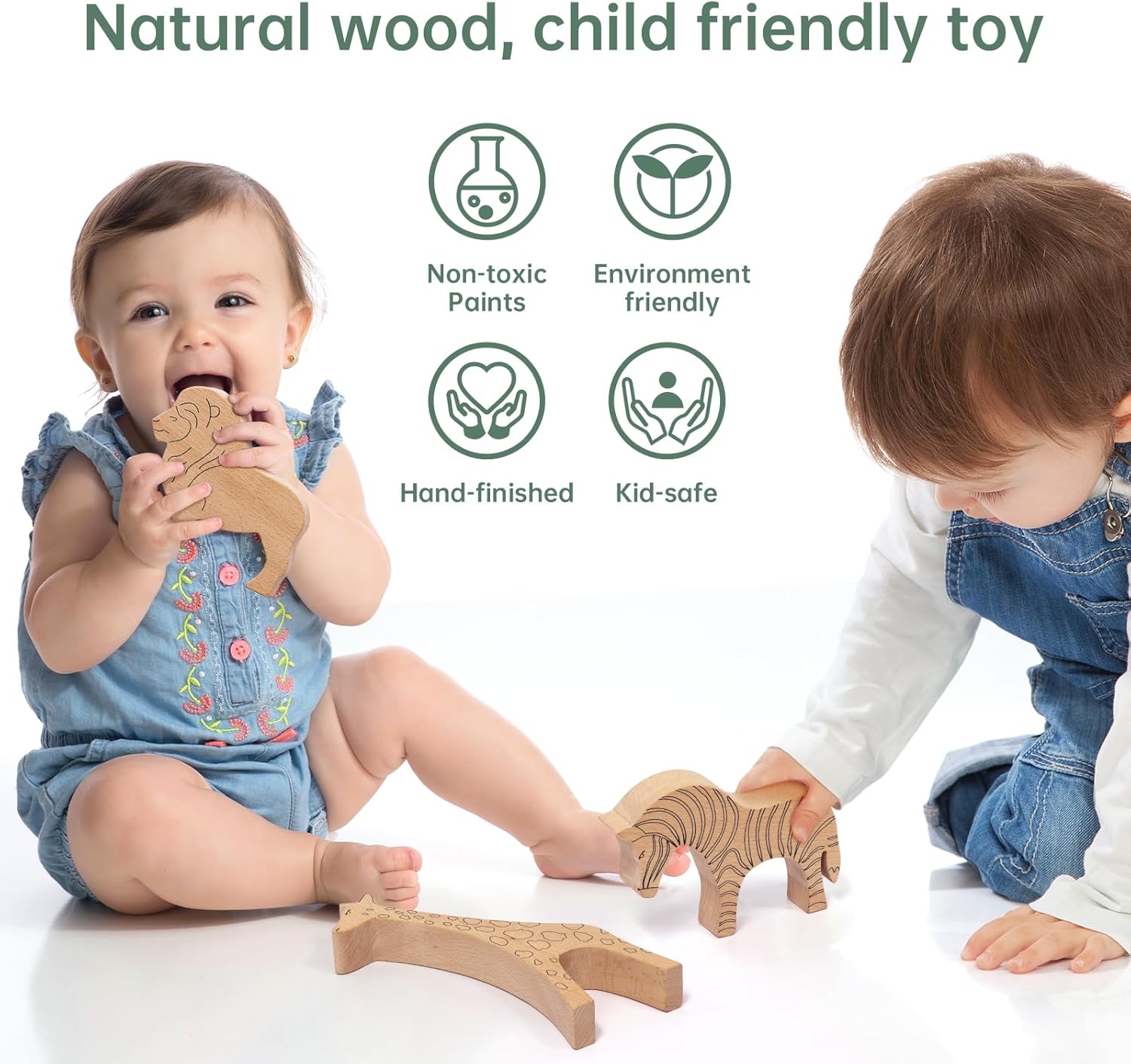 JackMarie Wooden Animal Toys 3-Piece Set - Lion Giraffe Zebra