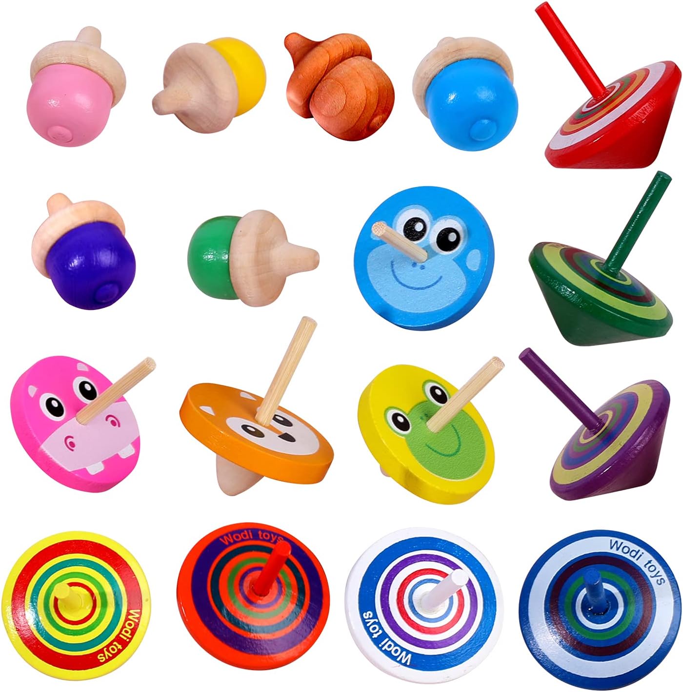 Wodi Wooden Spinning Tops 17 Piece Set