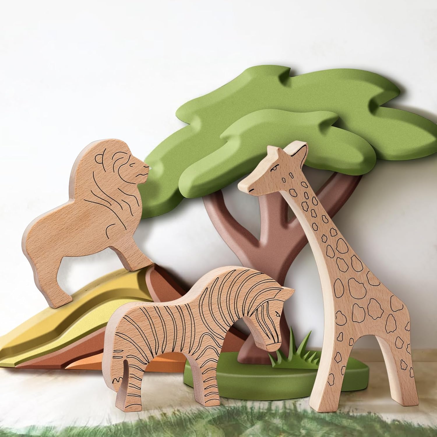 JackMarie Wooden Animal Toys 3-Piece Set - Lion Giraffe Zebra