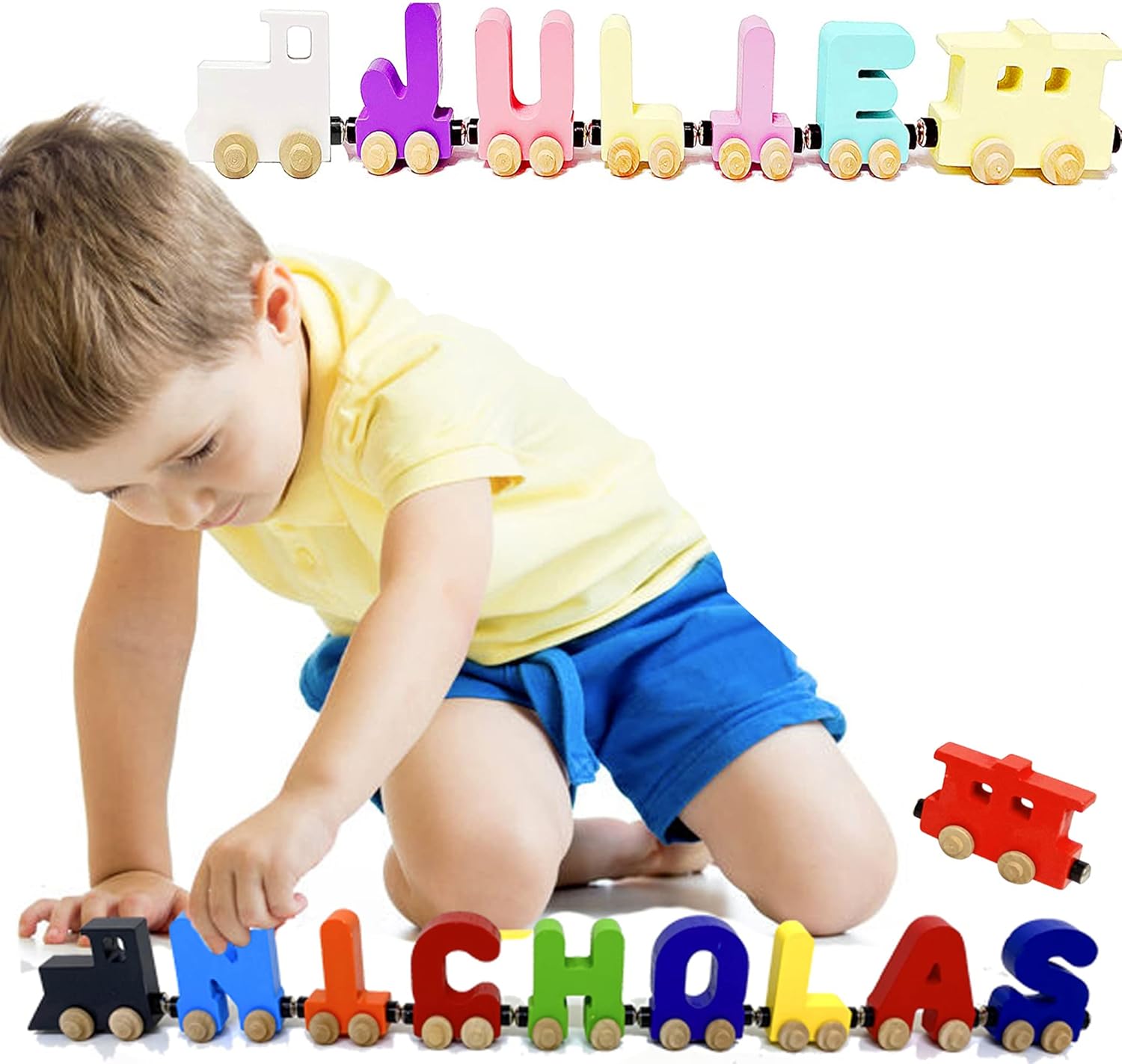 KIDZCO Wooden Name Puzzle Trains for Kids