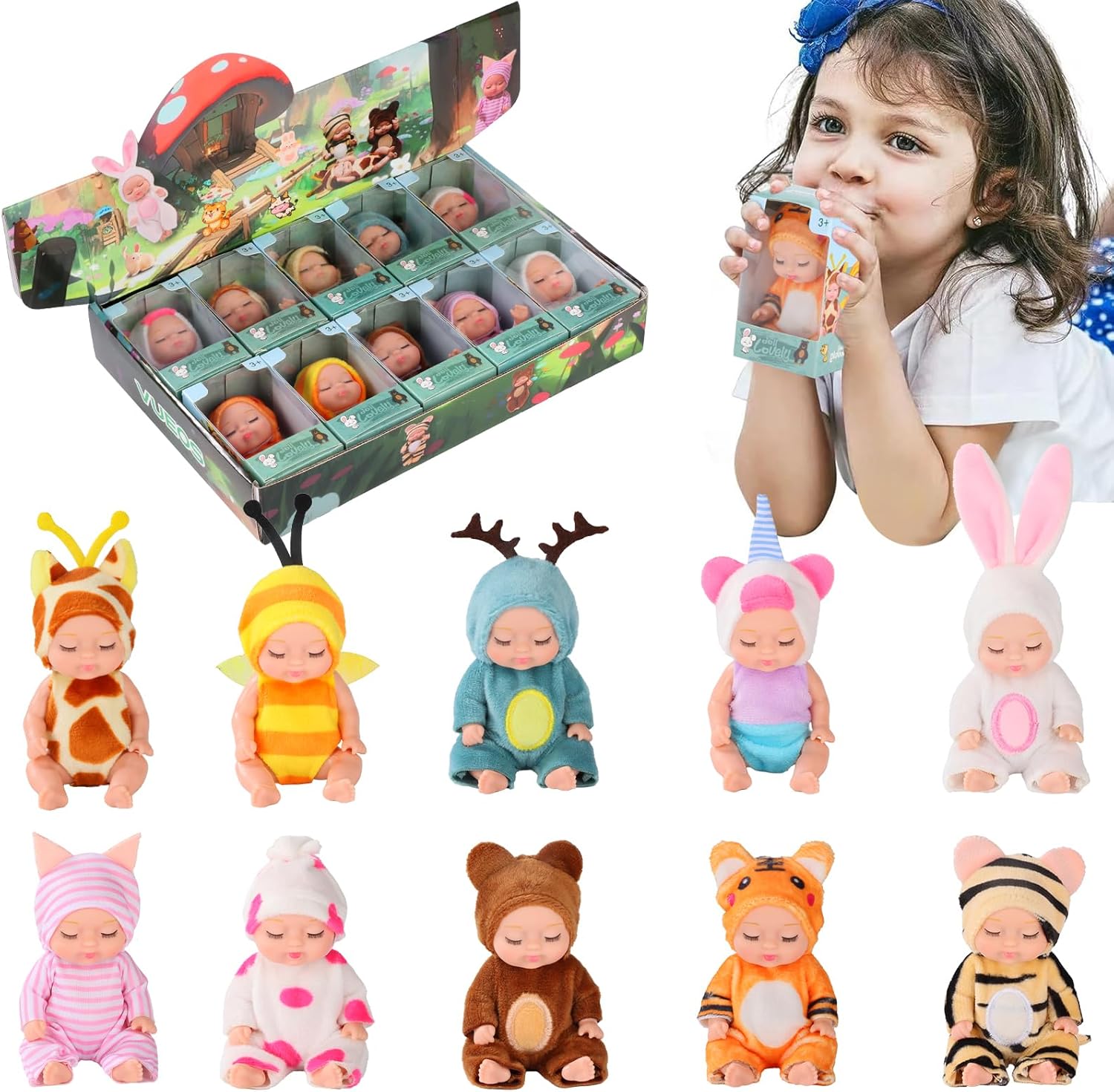 10 Pcs 4 Inch Mini Reborn Baby Dolls Set with Animal Clothes
