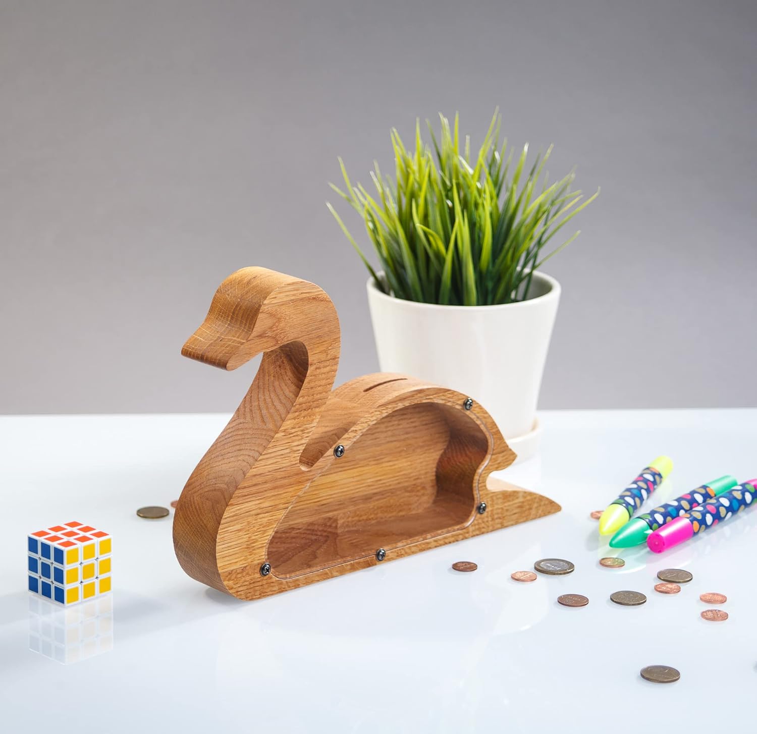 Wood Piggy Bank Swan - Montessori Wooden Gift for Kids