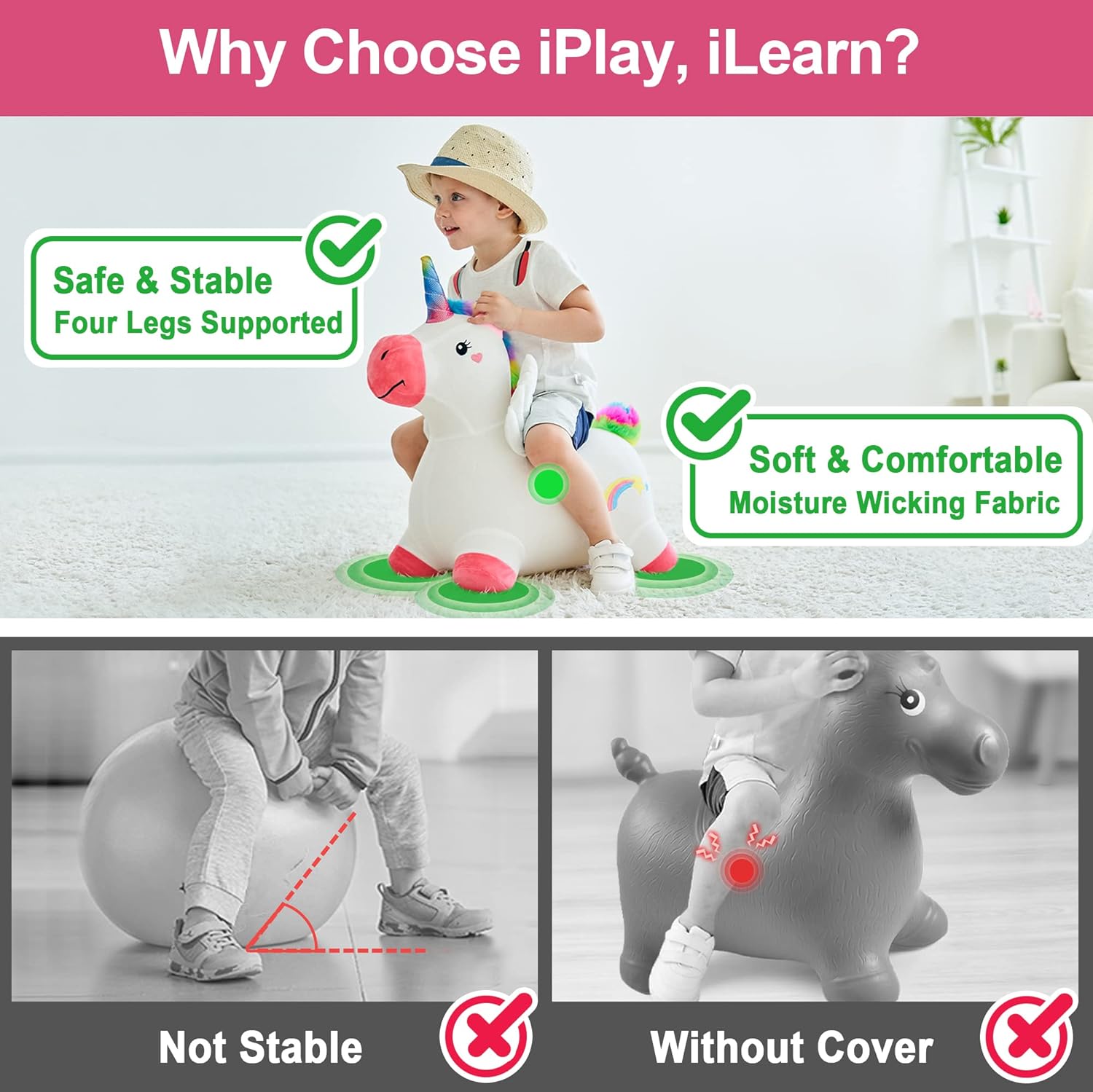 iPlay iLearn Bouncy Unicorn Hopper Toy for Toddlers