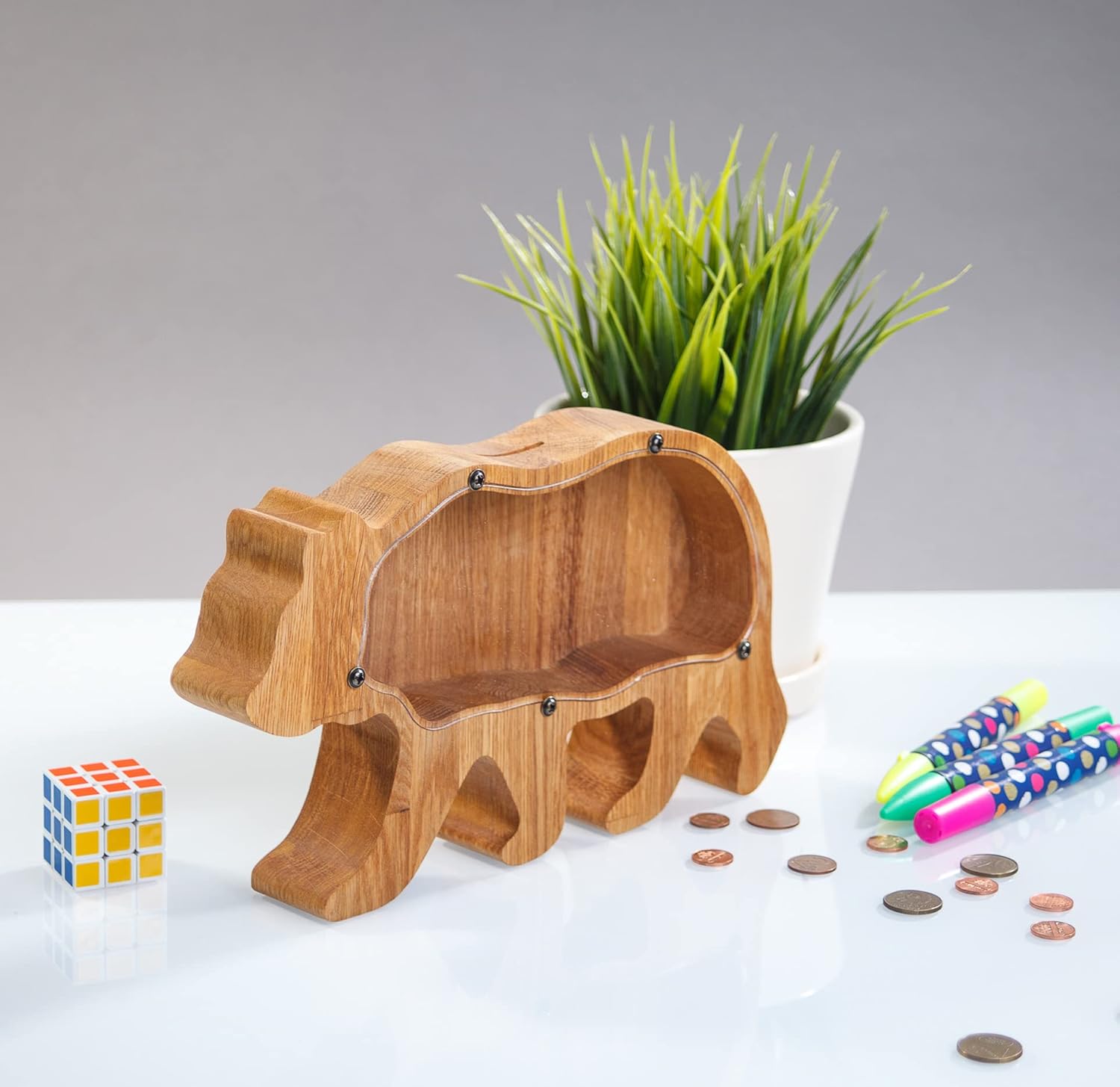 Wooden Money Box - Grizzly Bear Piggy Bank with Organic Glass