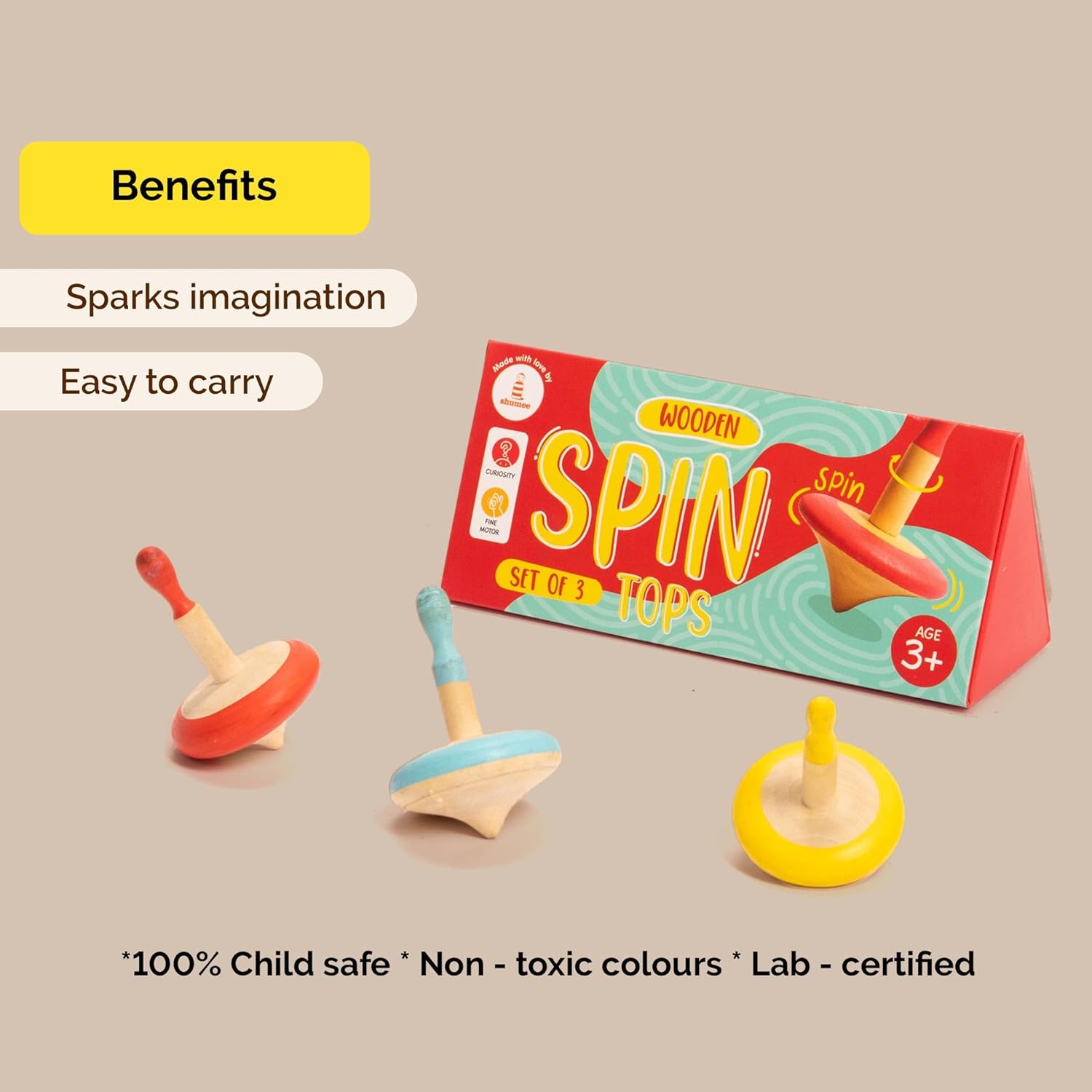 Shumee Set of 3 Colorful Wooden Spin Tops