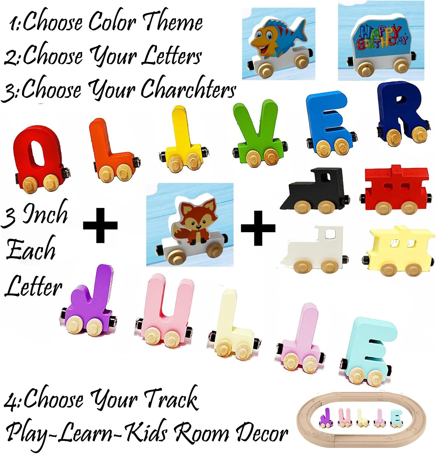 KIDZCO Wooden Name Puzzle Trains for Kids