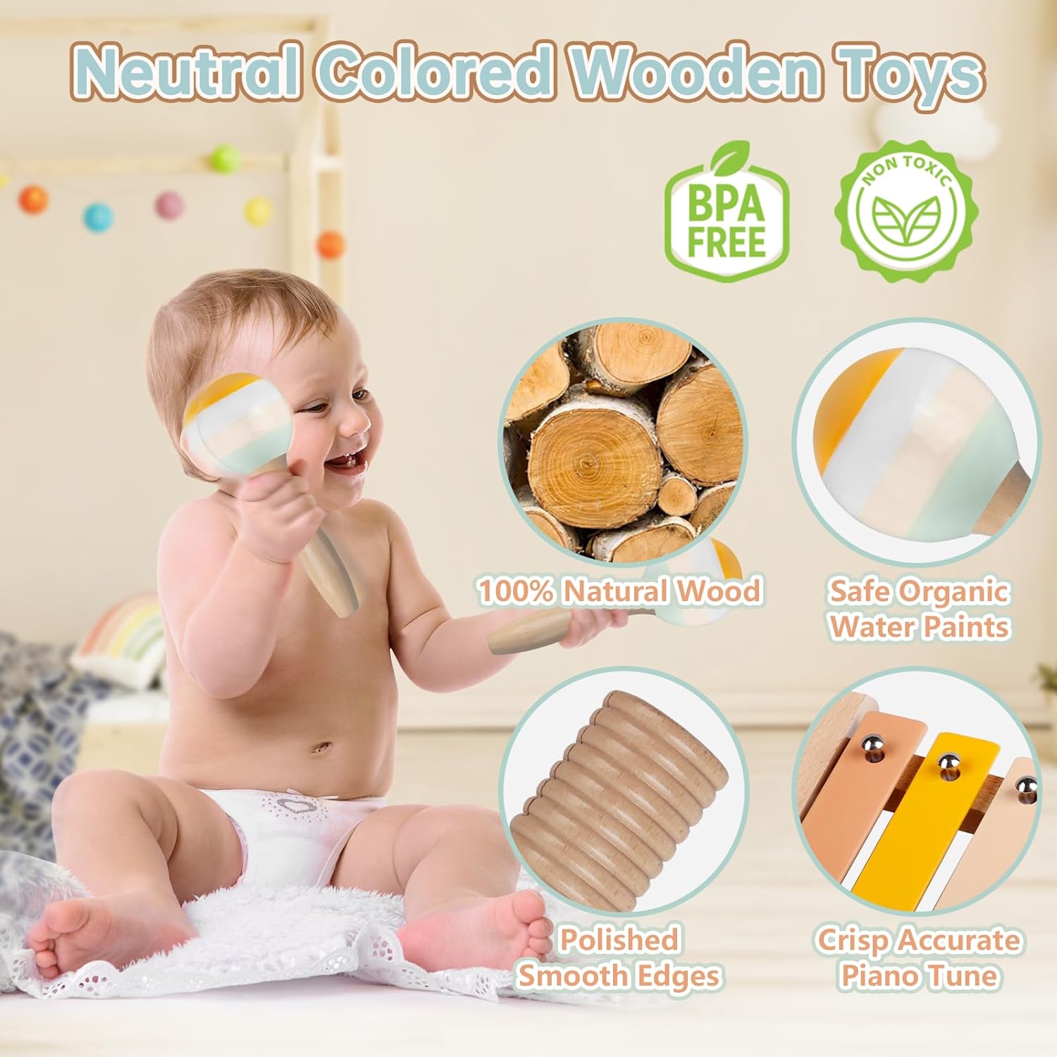 Rmischolar Wooden Music Toy Set for Toddlers 1-3