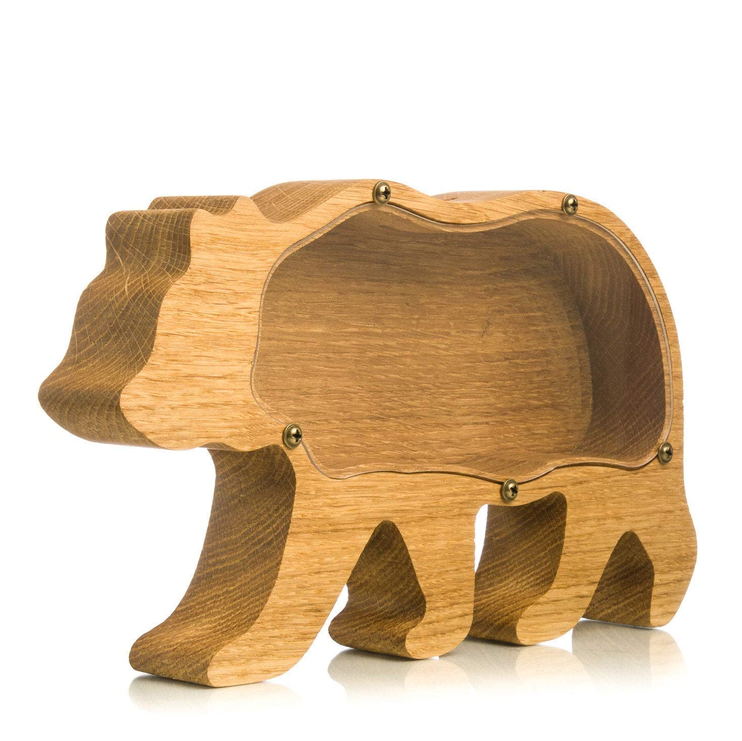 Wooden Money Box - Grizzly Bear Piggy Bank with Organic Glass