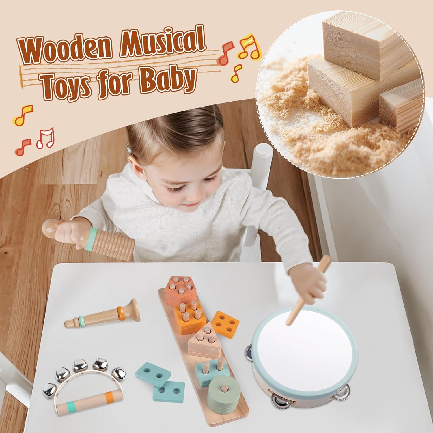 Wooden Musical Instruments Set for Toddlers 1-3 Years