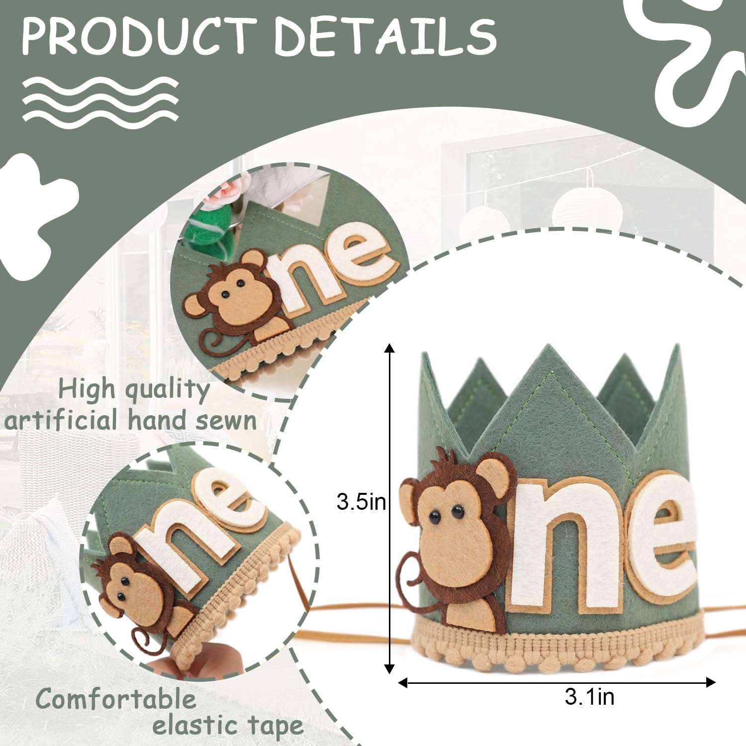 Monkey 1st Birthday Crown - Olive Green Safari Hat for Boys