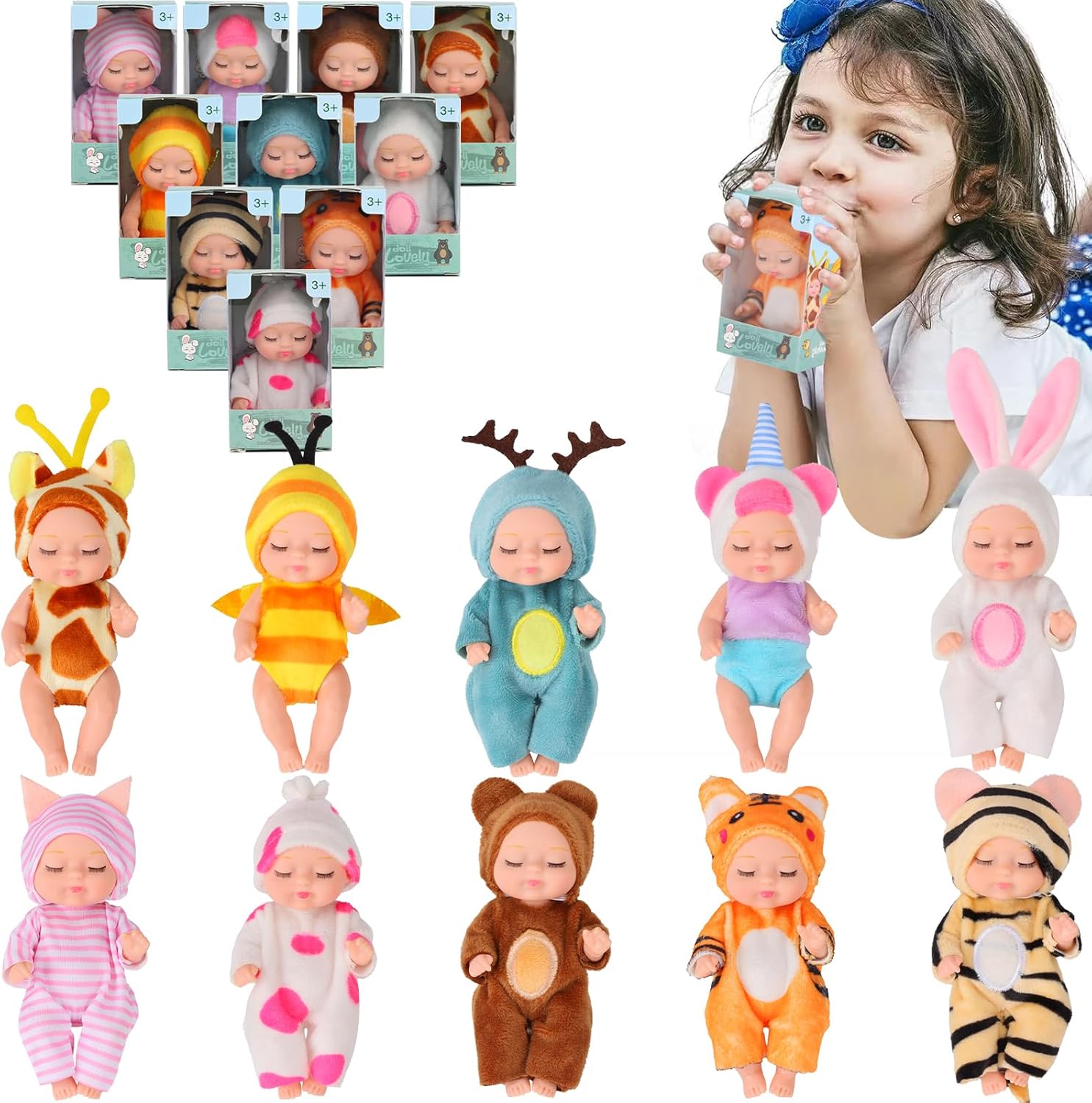 10 Pcs 4 Inch Mini Reborn Baby Dolls Set with Animal Clothes