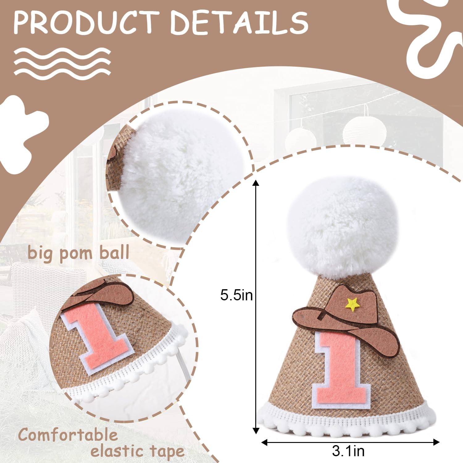 TERJIO Cowboy Cone First Birthday Hat - Western Party Prop 1