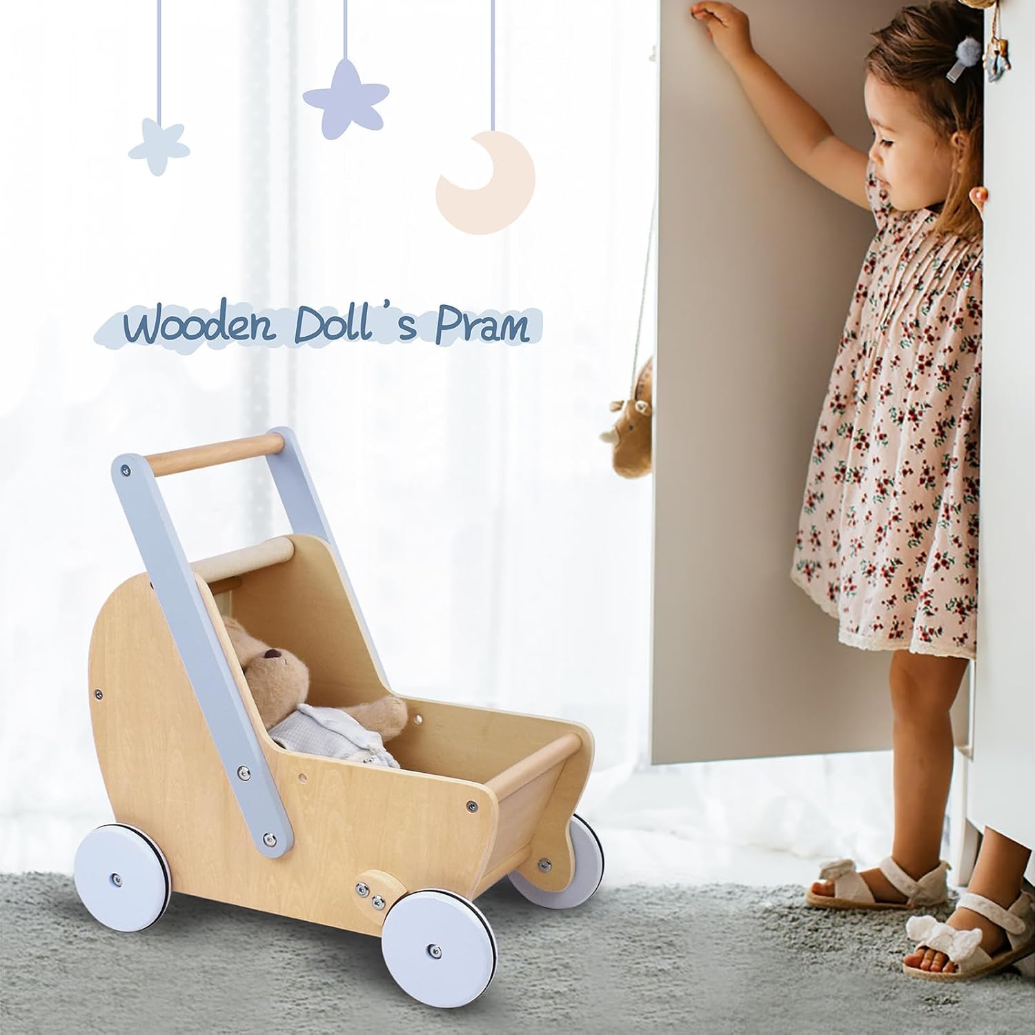 Pillowhale Wooden Baby Doll Stroller with Walker