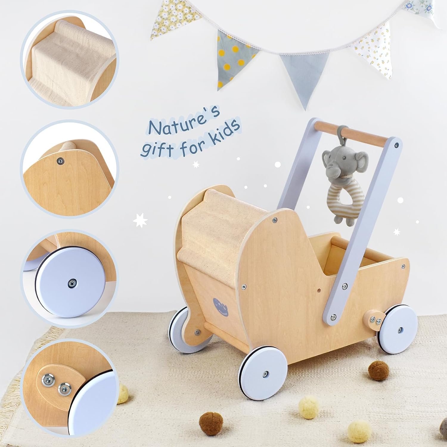 Pillowhale Wooden Baby Doll Stroller with Walker