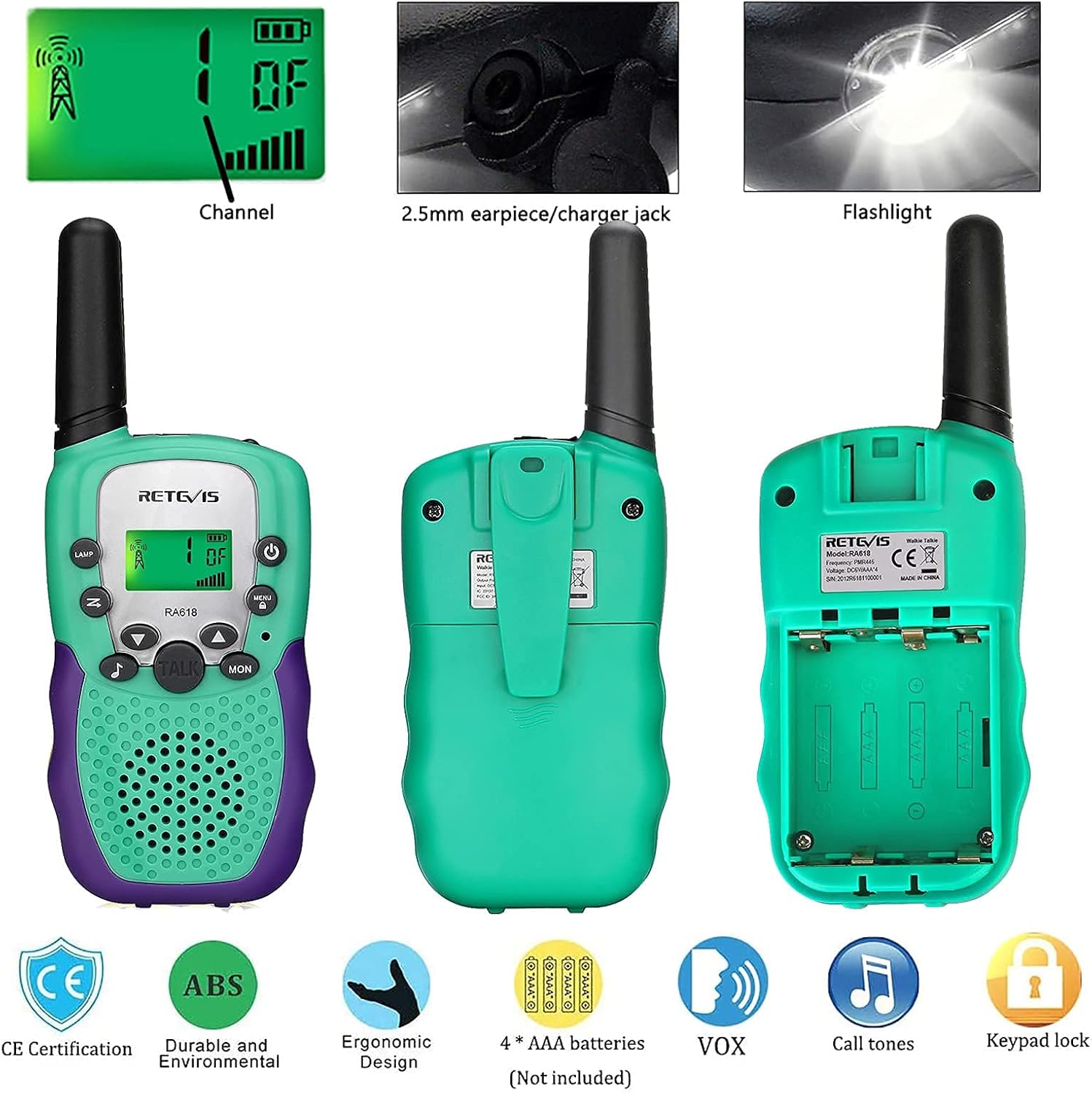 Retevis RA18 Walkie Talkie Set for Kids 6-12 Years Old Green