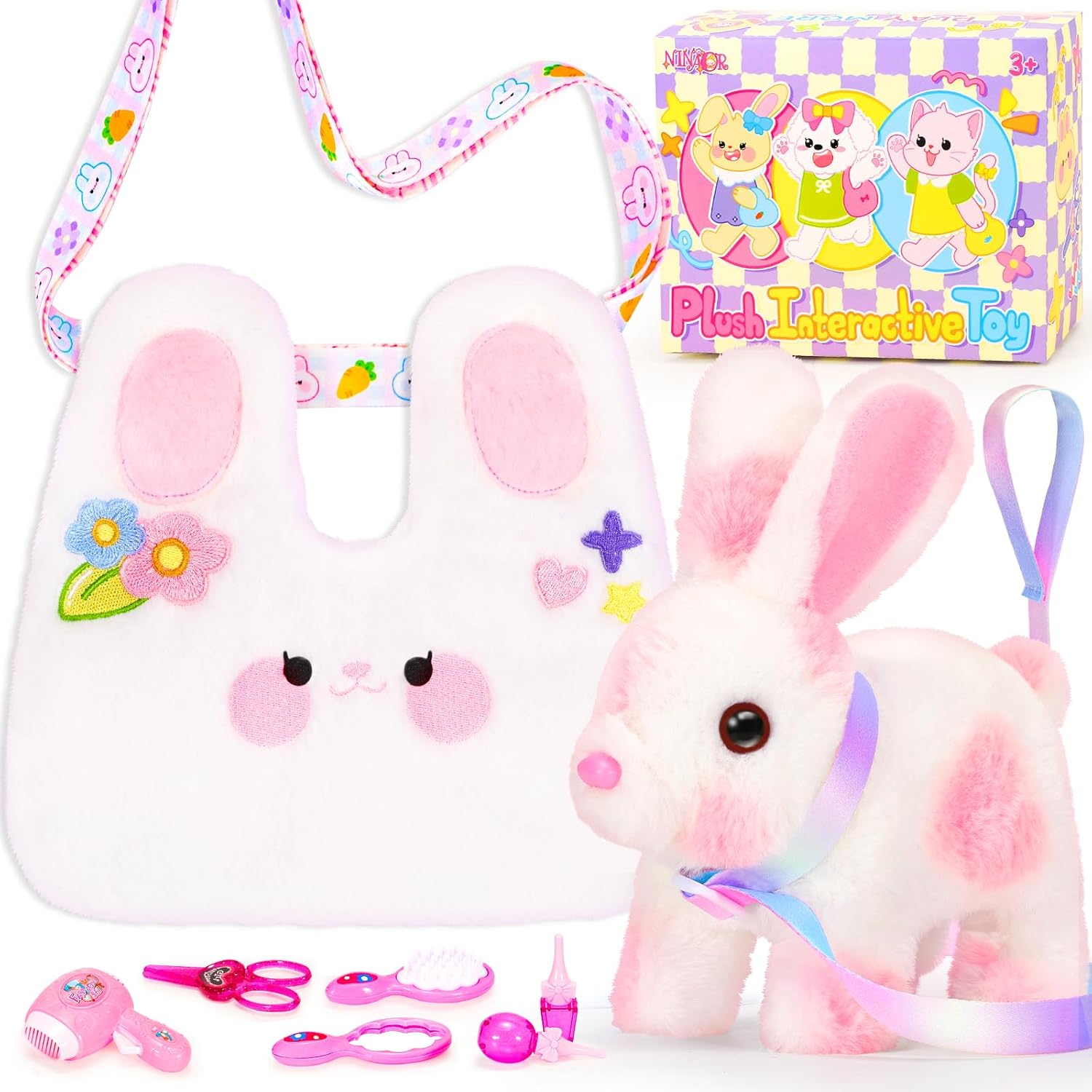 NINAOR Easter Bunny Toy with Crossbody Bag and Pet Care Accessories