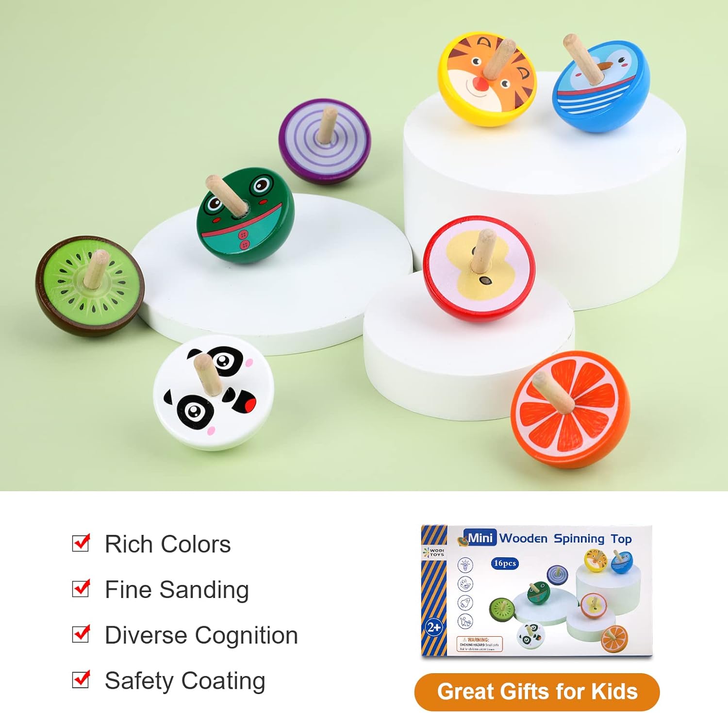 Wodi Wooden Spinning Tops 16pcs Handmade Painted Gyroscopes for Kids