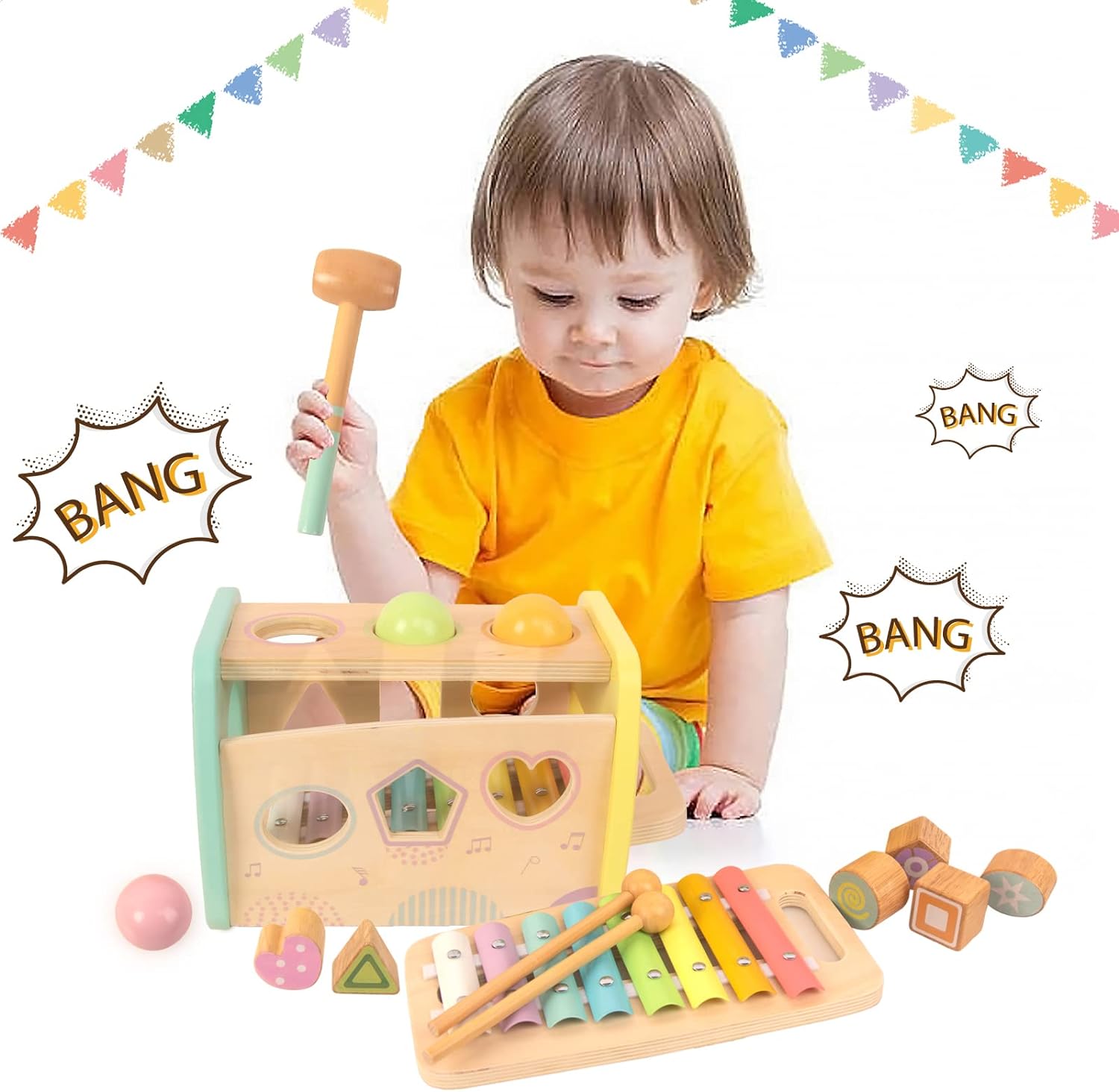 WOODENFUN Hammering Toy Educational Xylophone Shape Sorter for Toddlers