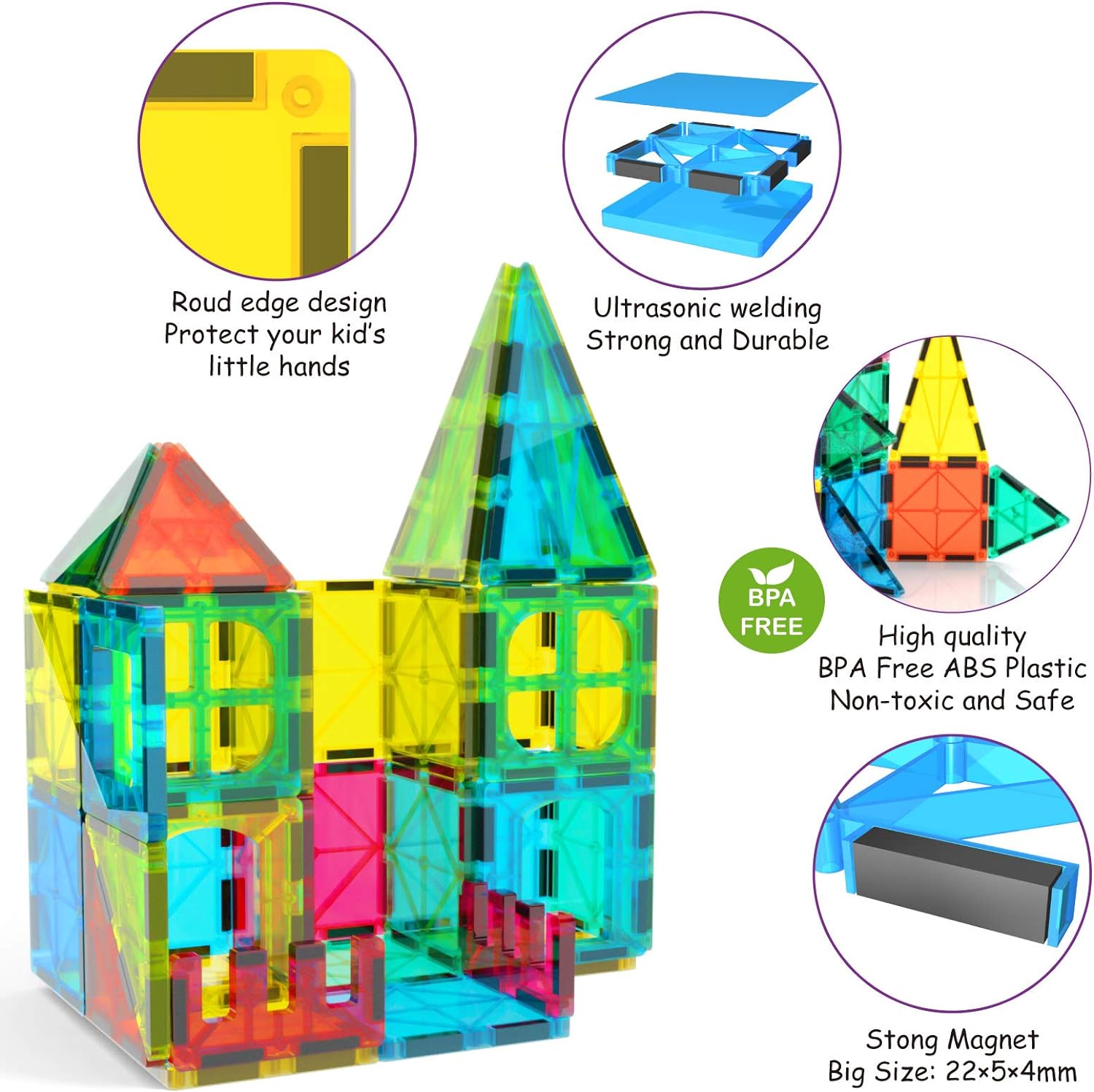 Jasonwell 65pcs Magnetic Tiles Building Blocks Set
