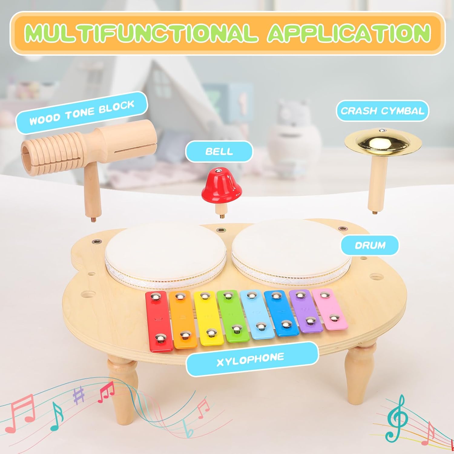 DUCOMINGTOY Kids Drum Set 10 in 1 Wooden Musical Toy