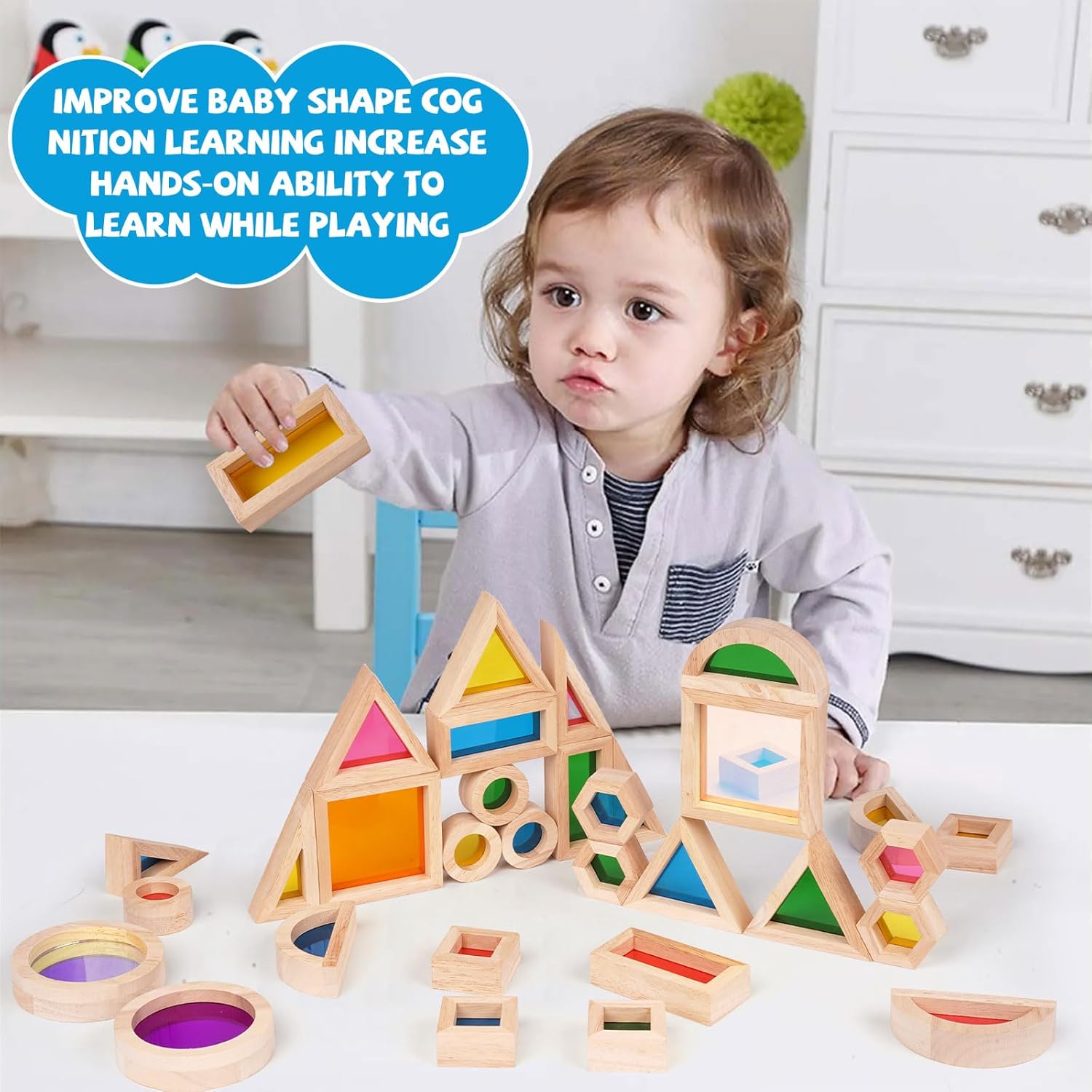 Agirlgle Rainbow Building Blocks 32 Pcs Wooden Stacking Set