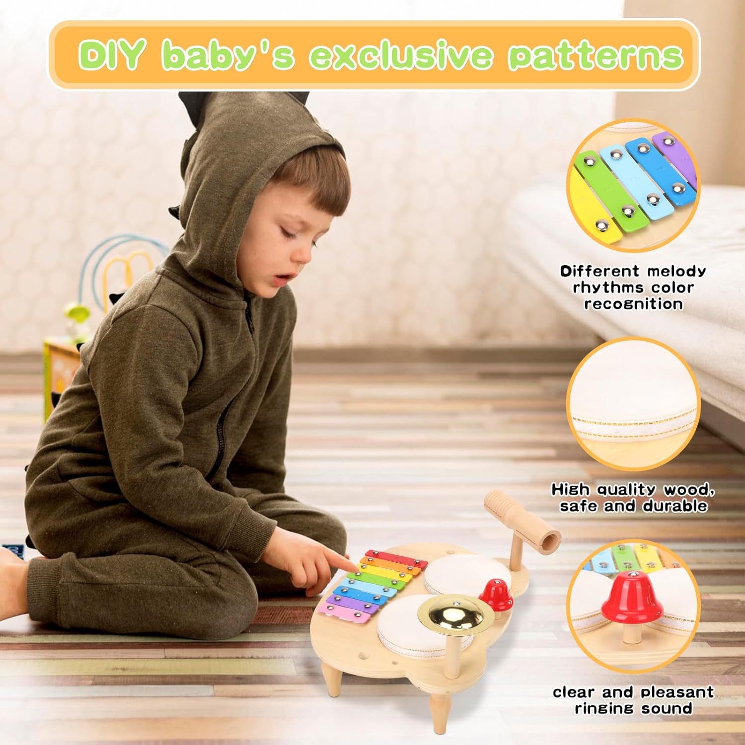 DUCOMINGTOY Kids Drum Set 10 in 1 Wooden Musical Toy