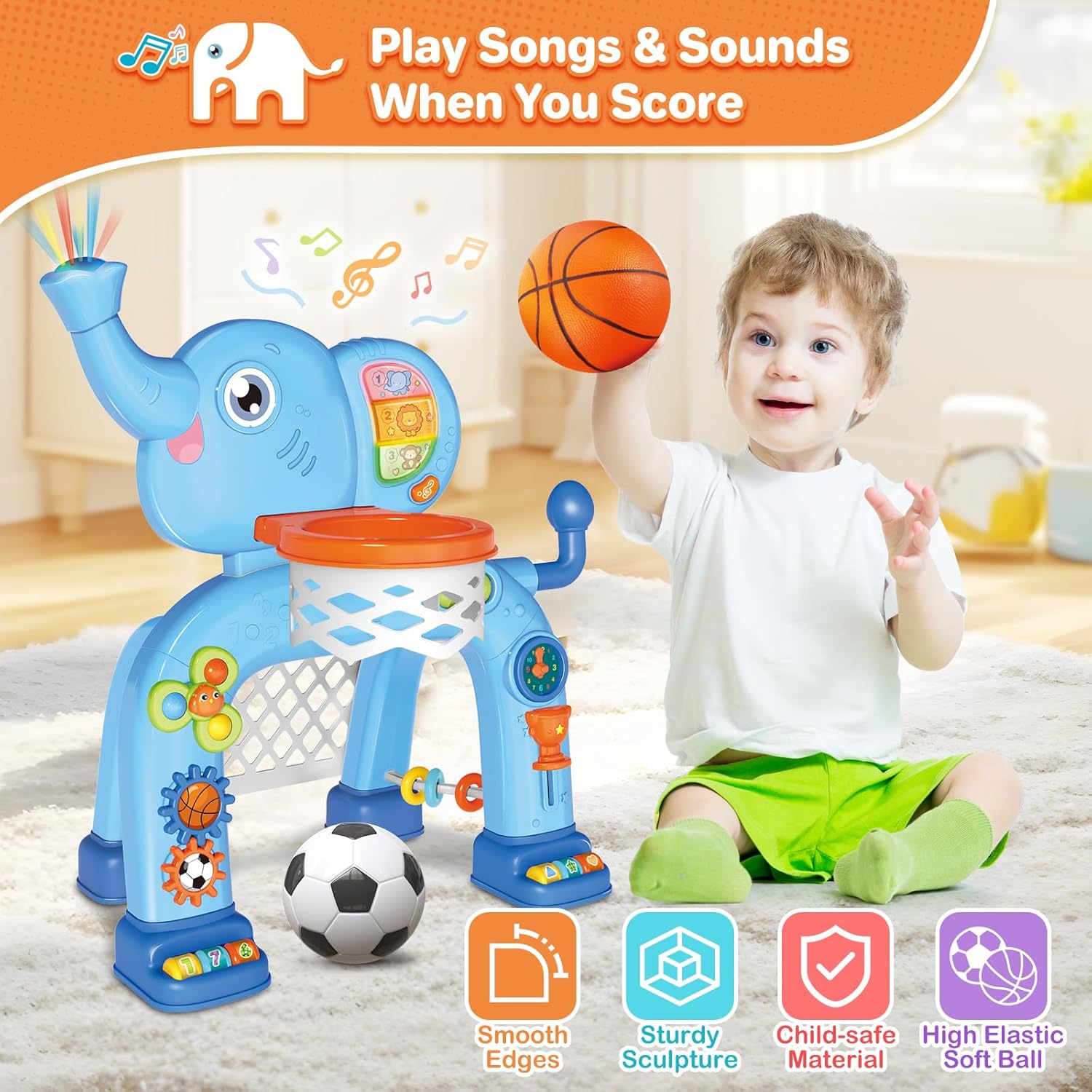 2-in-1 Basketball Soccer Activity Center for Toddlers with Light Music