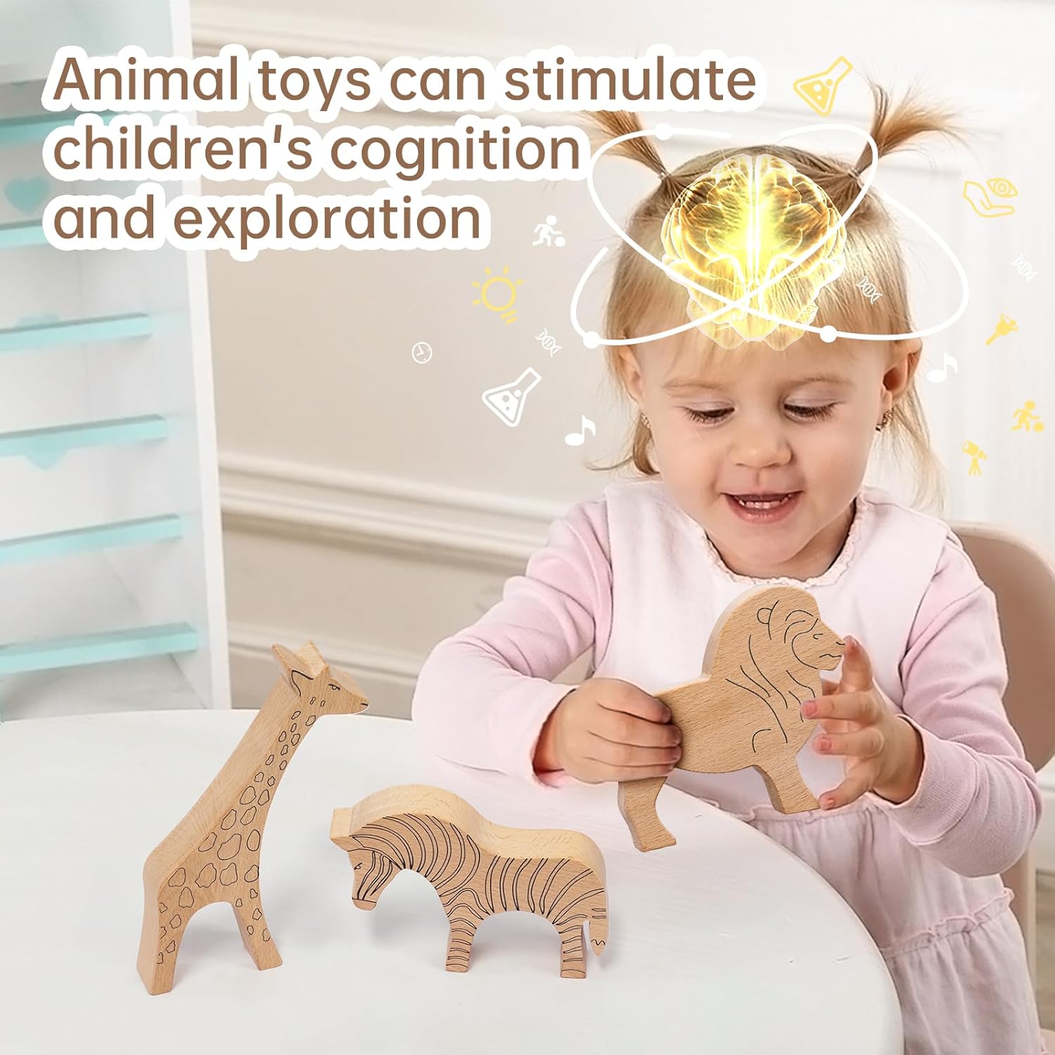 JackMarie Wooden Animal Toys 3-Piece Set - Lion Giraffe Zebra