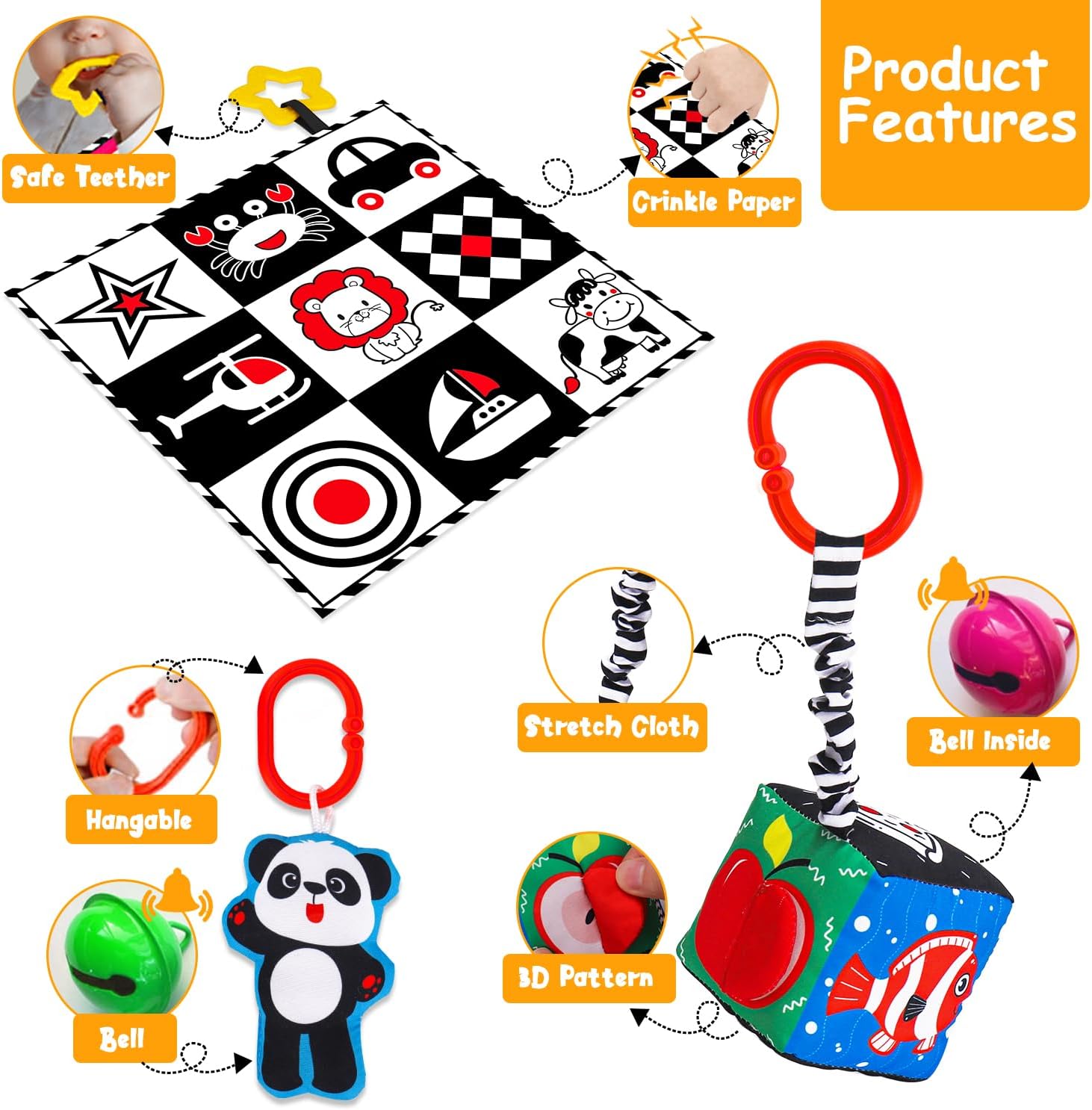 Thremhoo 4PCS High Contrast Baby Toys 0-6 Months