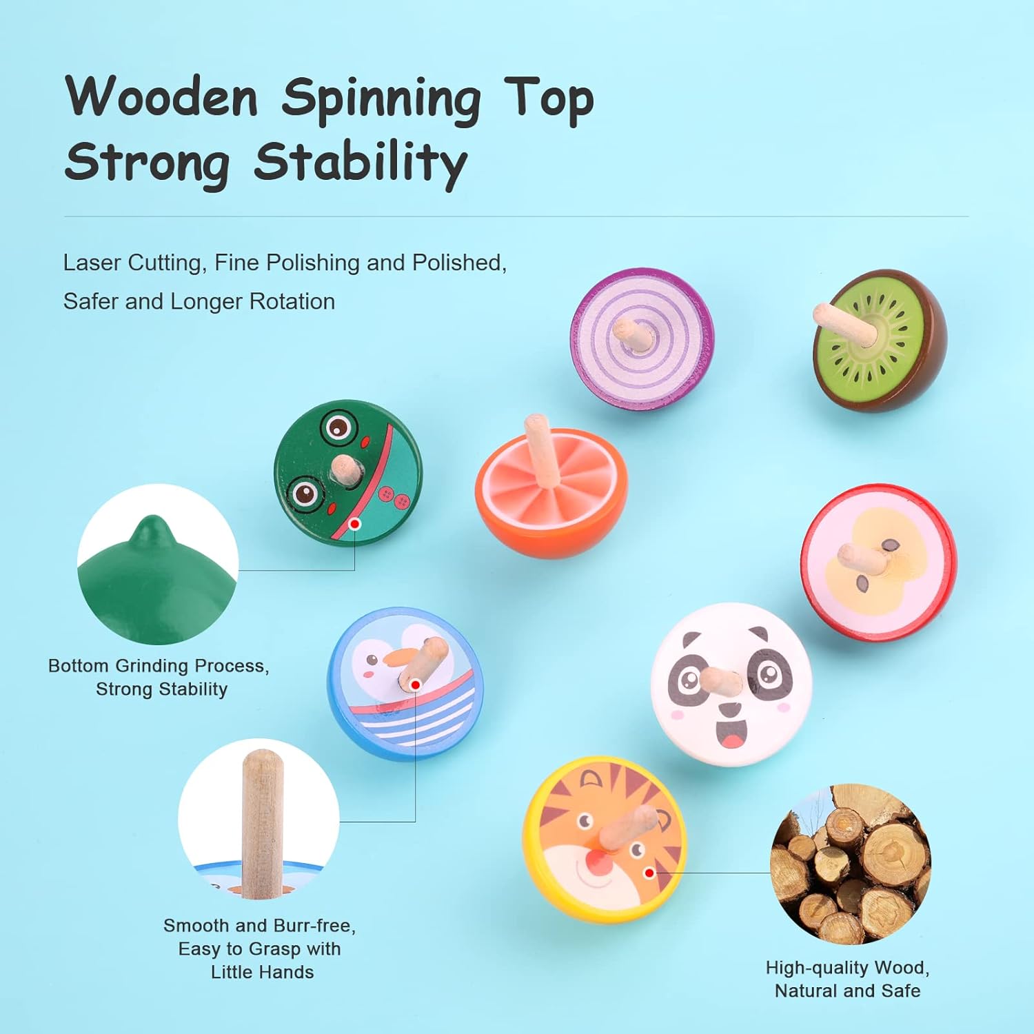 Wodi Wooden Spinning Tops 16pcs Handmade Painted Gyroscopes for Kids