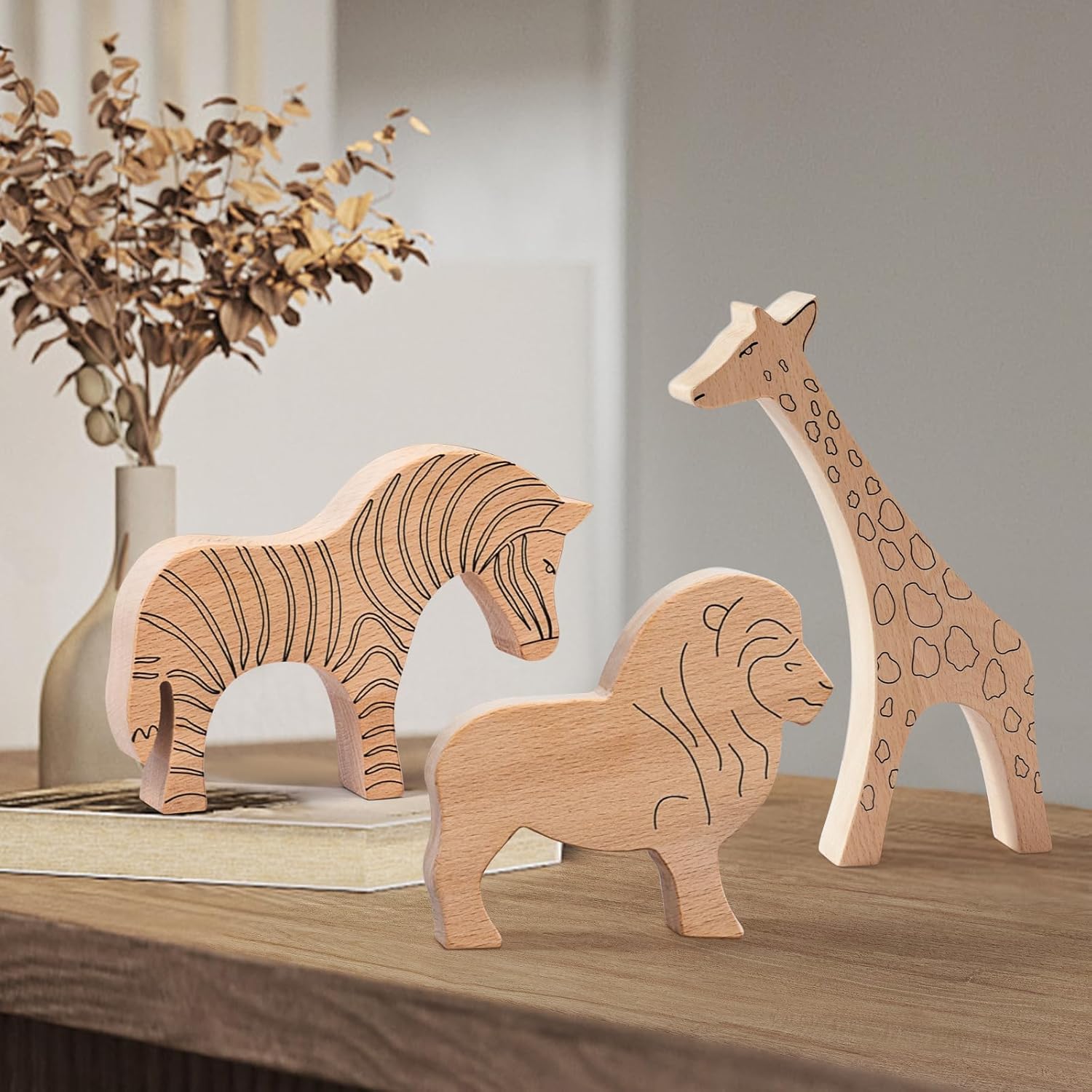 JackMarie Wooden Animal Toys 3-Piece Set - Lion Giraffe Zebra