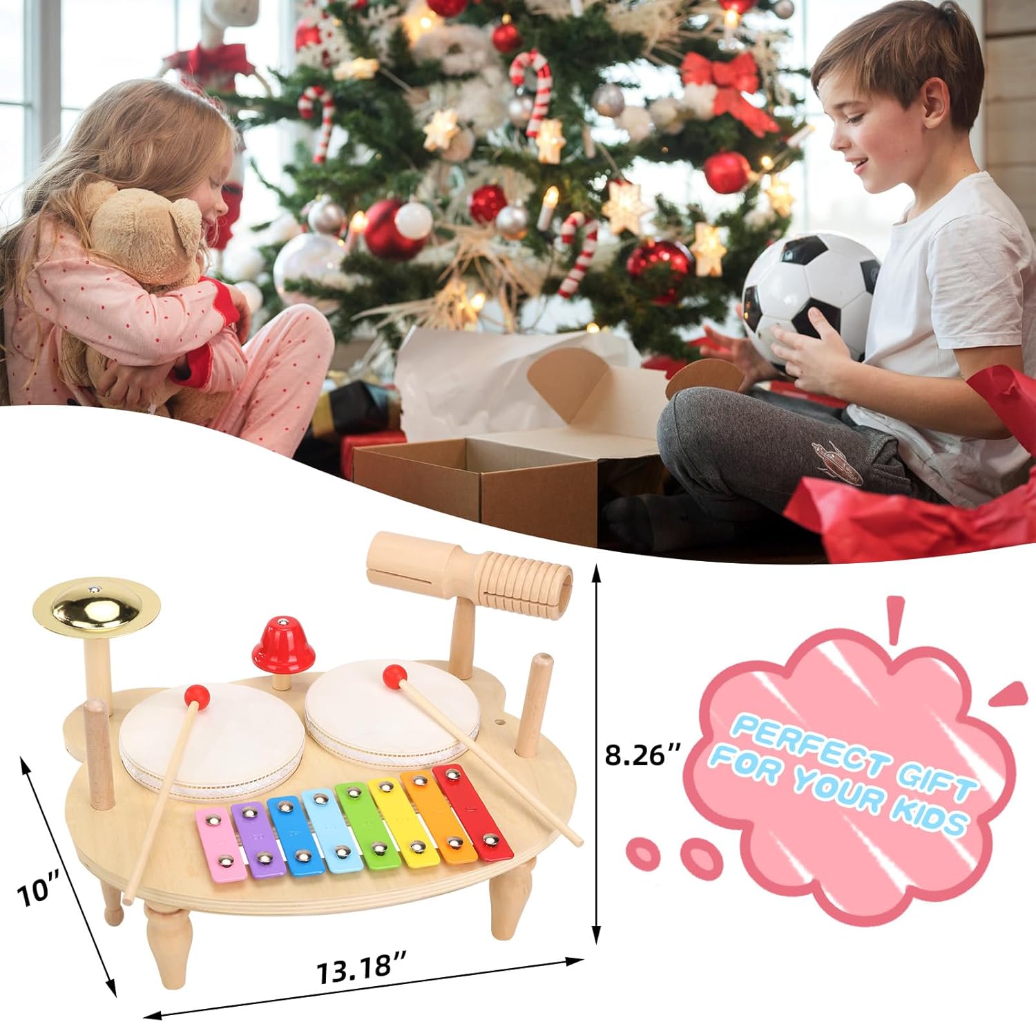 DUCOMINGTOY Kids Drum Set 10 in 1 Wooden Musical Toy
