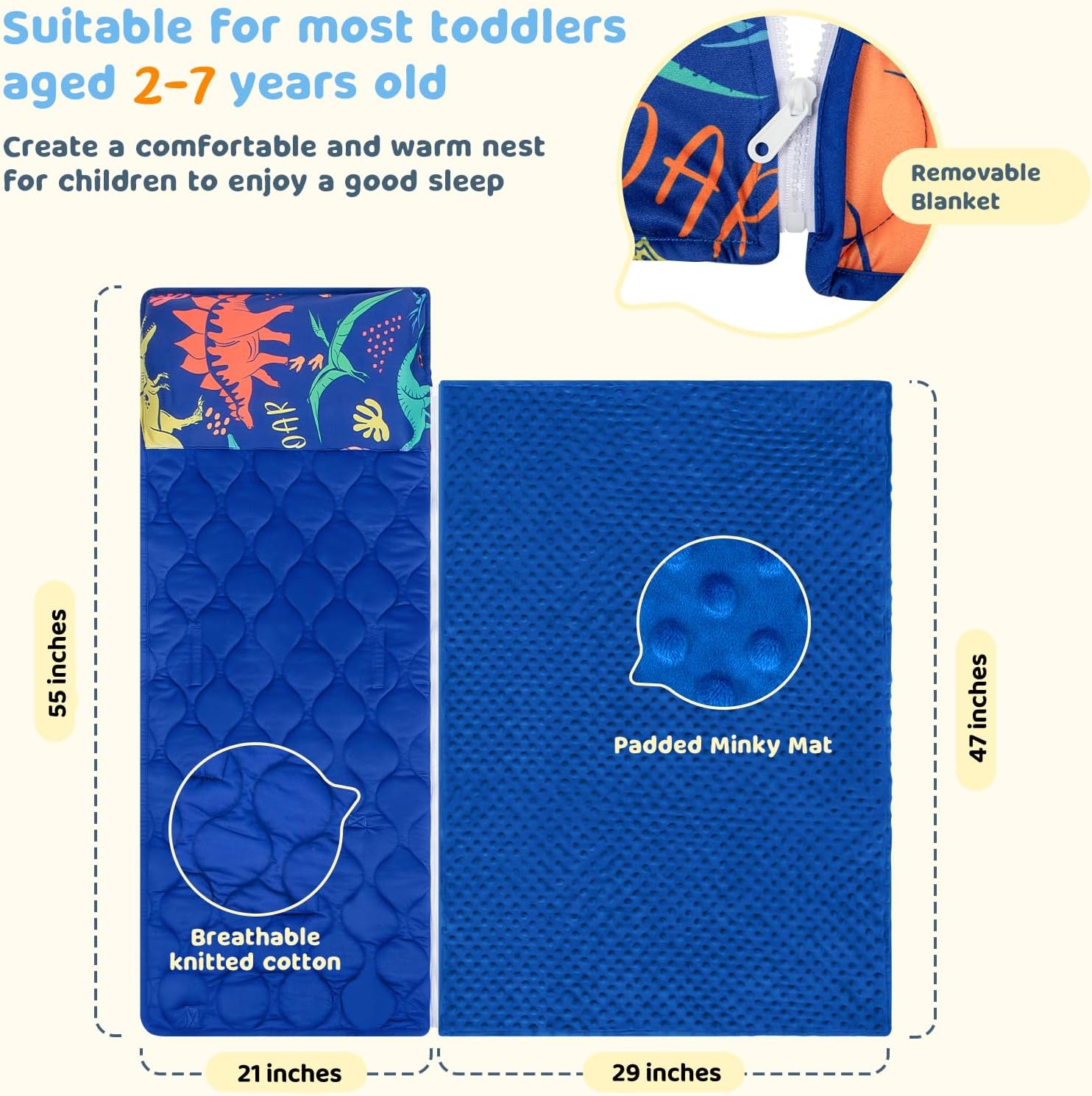 Toddler Nap Mat Extra Large 55 x 29 with Removable Pillow and Blanket
