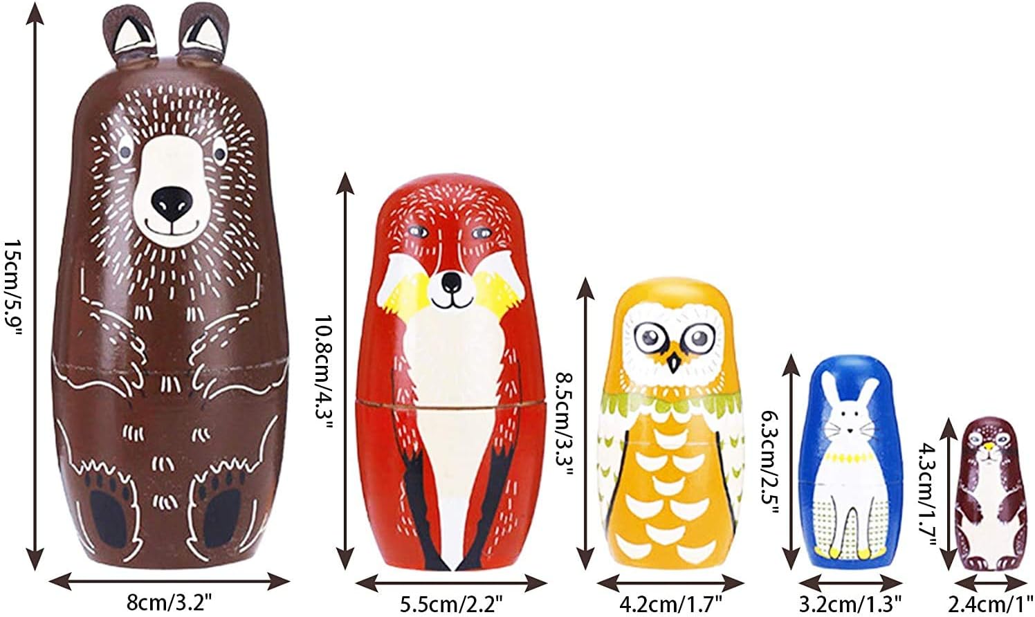 Conzy 5-Piece Wooden Russian Nesting Dolls with Cartoon Animal Design